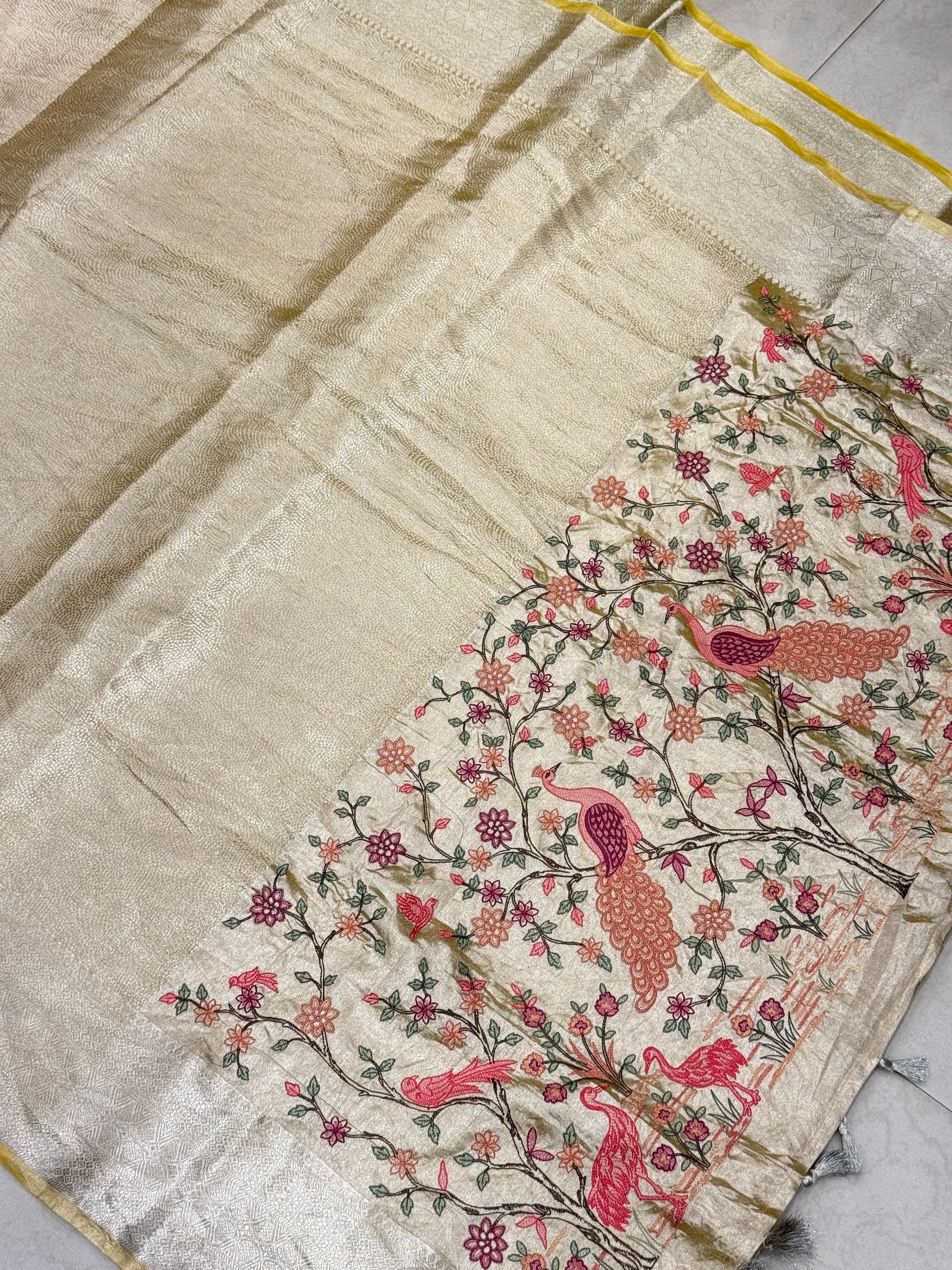 Yellow Handloom Tissue Peacock Contemporary Resham Embroidery Saree