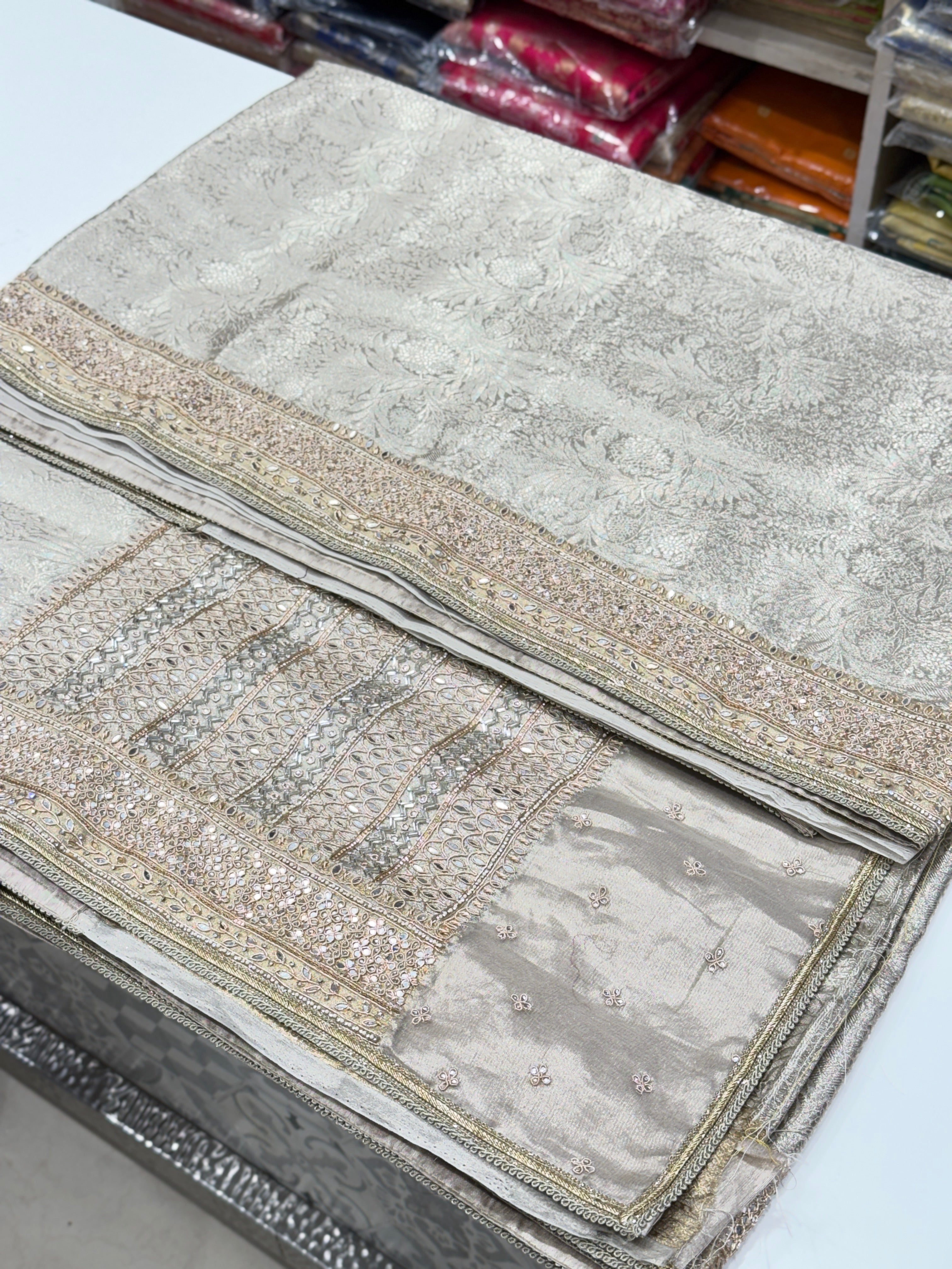 Silver Tissue Kanjivaram Hand Embroidery Saree