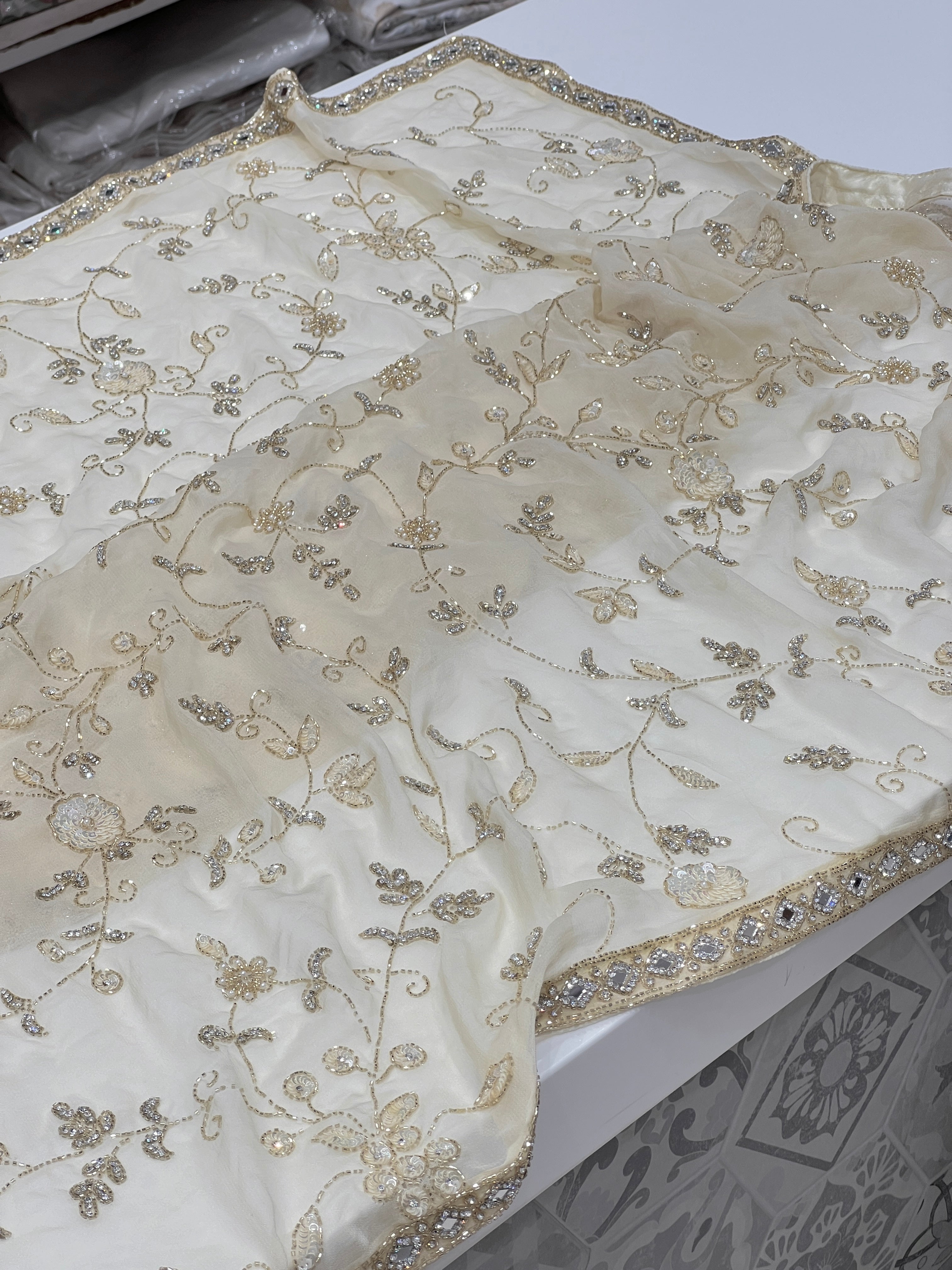 Beige Georgette Chiffon Jaal Hand Embroidery Saree