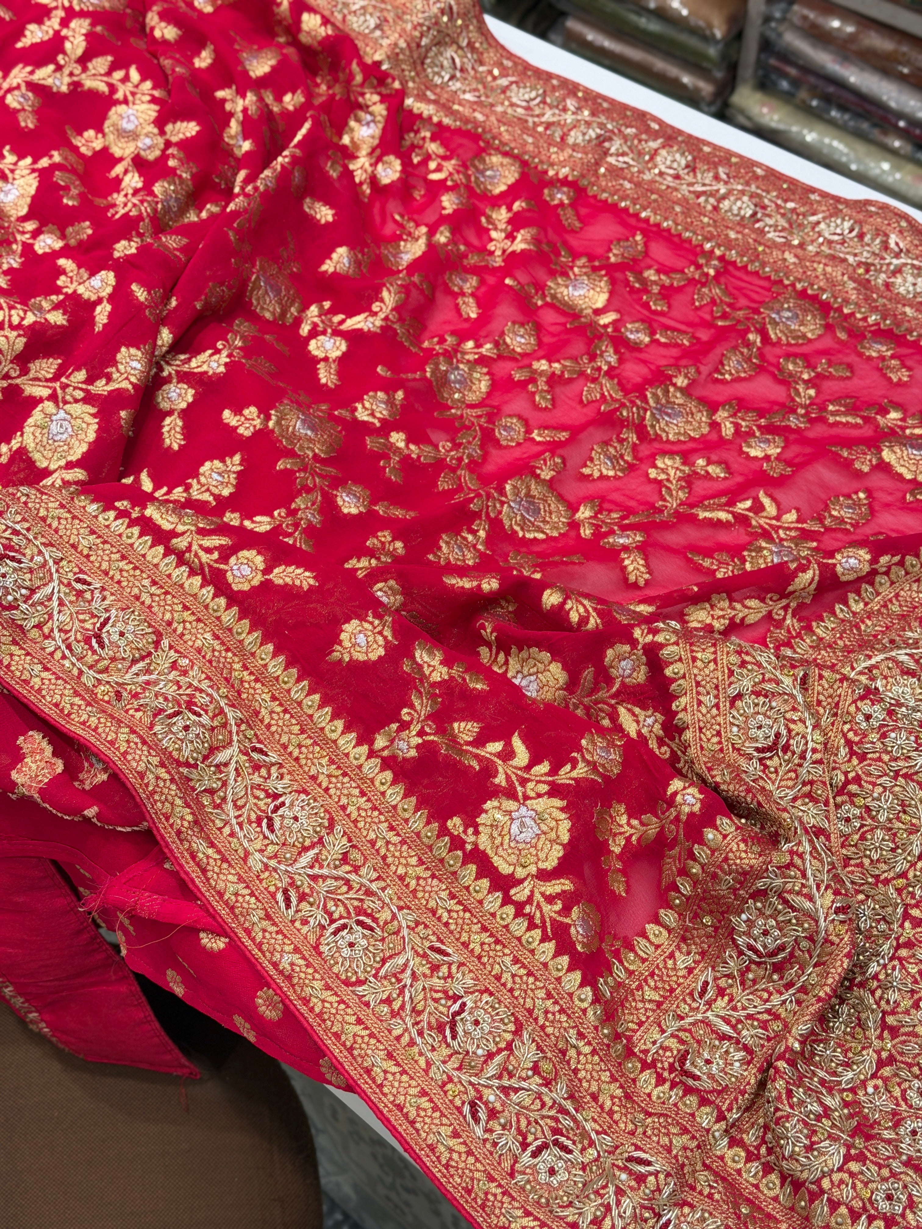 Rani Pink Banarasi Khaddi Georgette Zardosi Hand Embroidery Saree