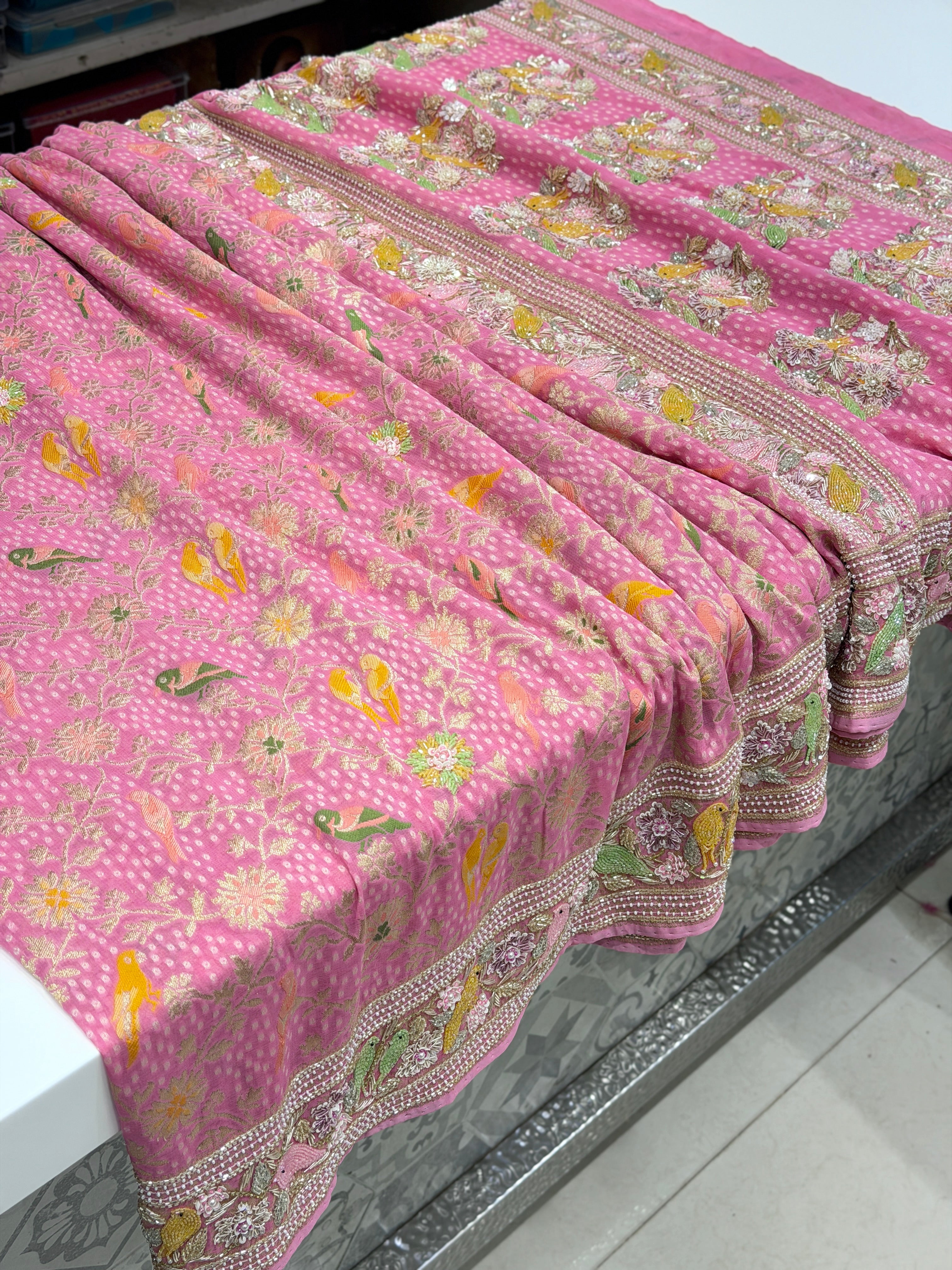 Pink Weaved Bandhej Parrot Motifs Georgette Moti Zardodi Hand Embroidery Saree