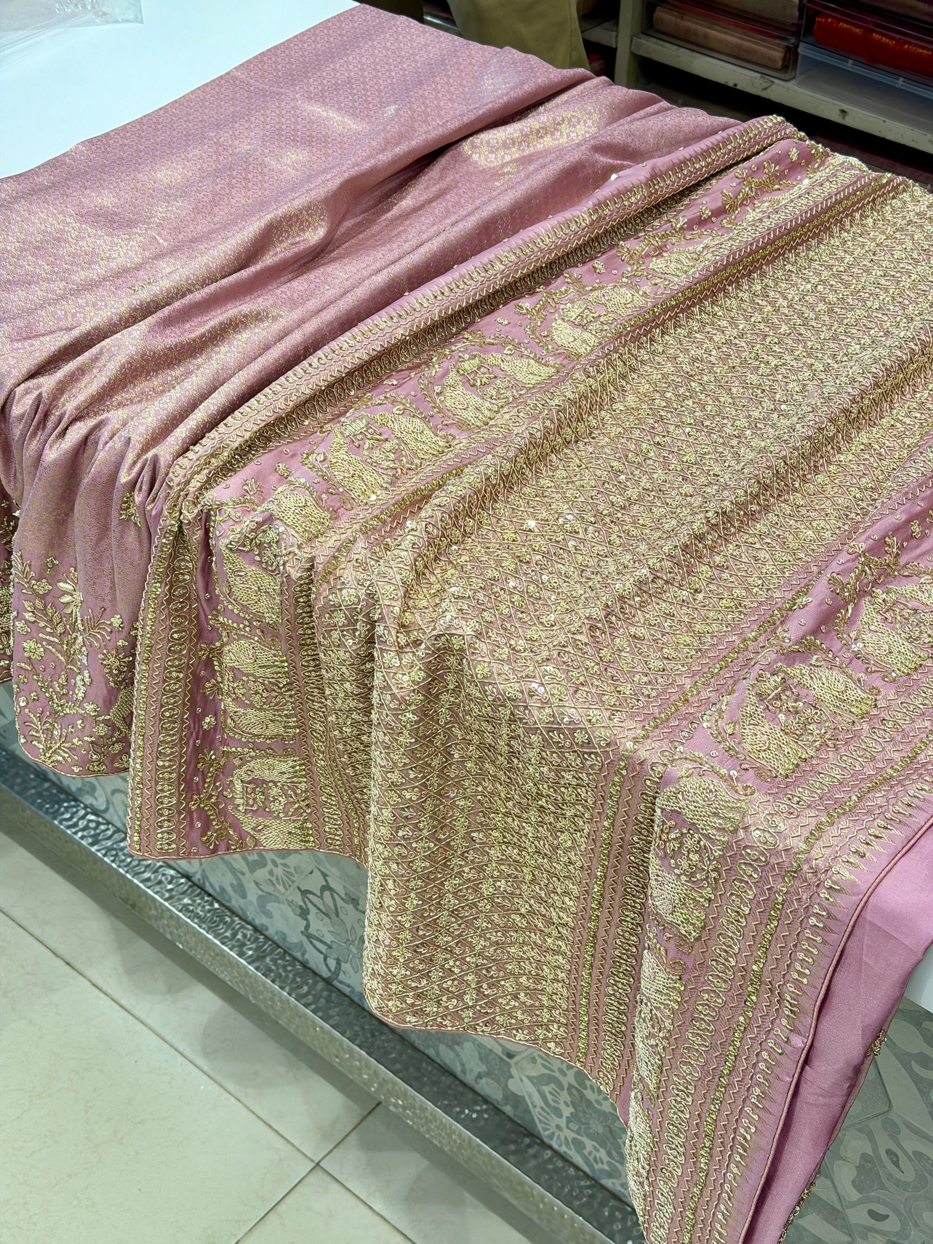 Light Pink Kanjivaram Elephant Motif Zardosi Hand Embroidery Saree