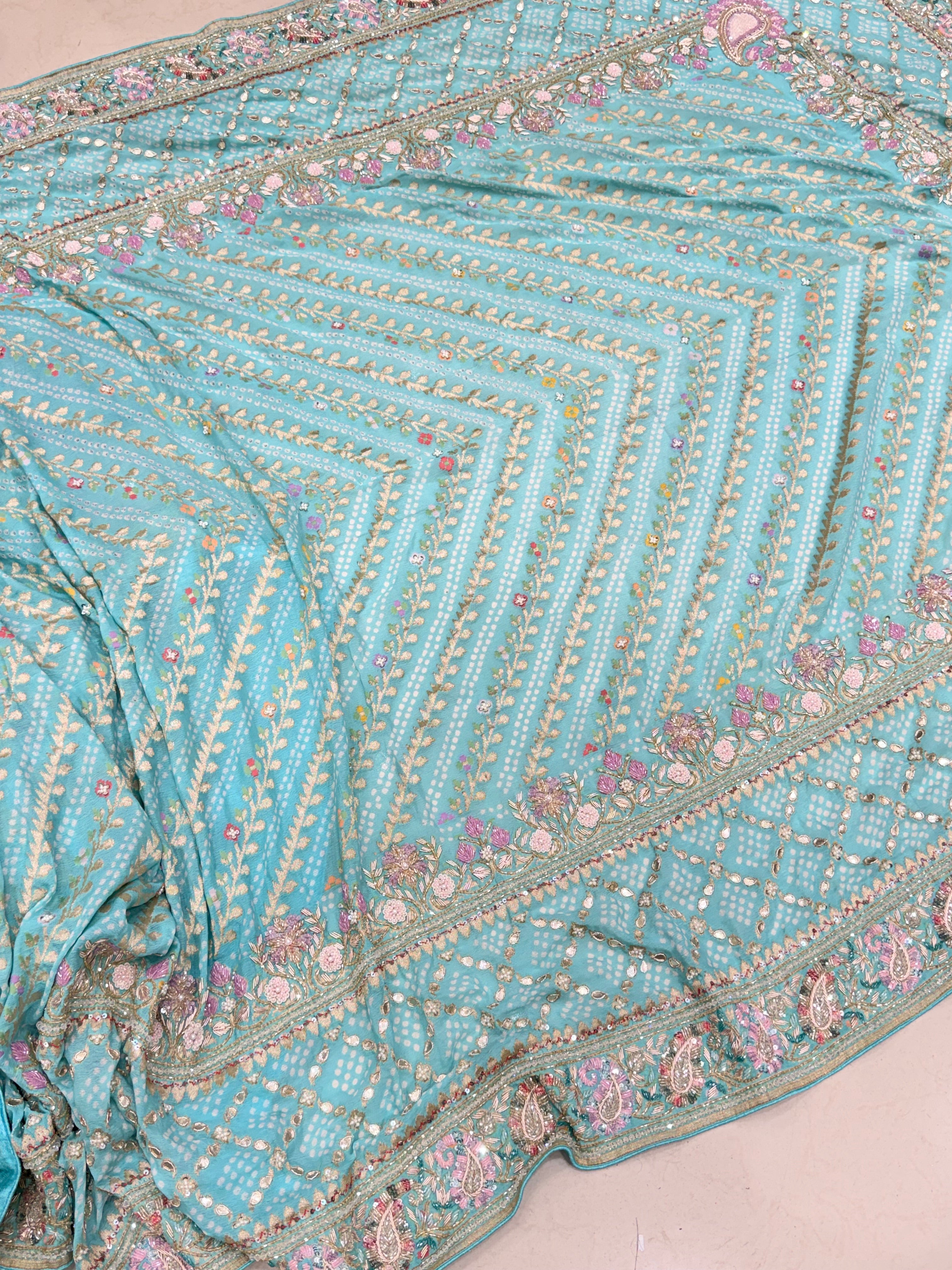 Pastel Bandhej Meenakari Hand Embroidery Saree