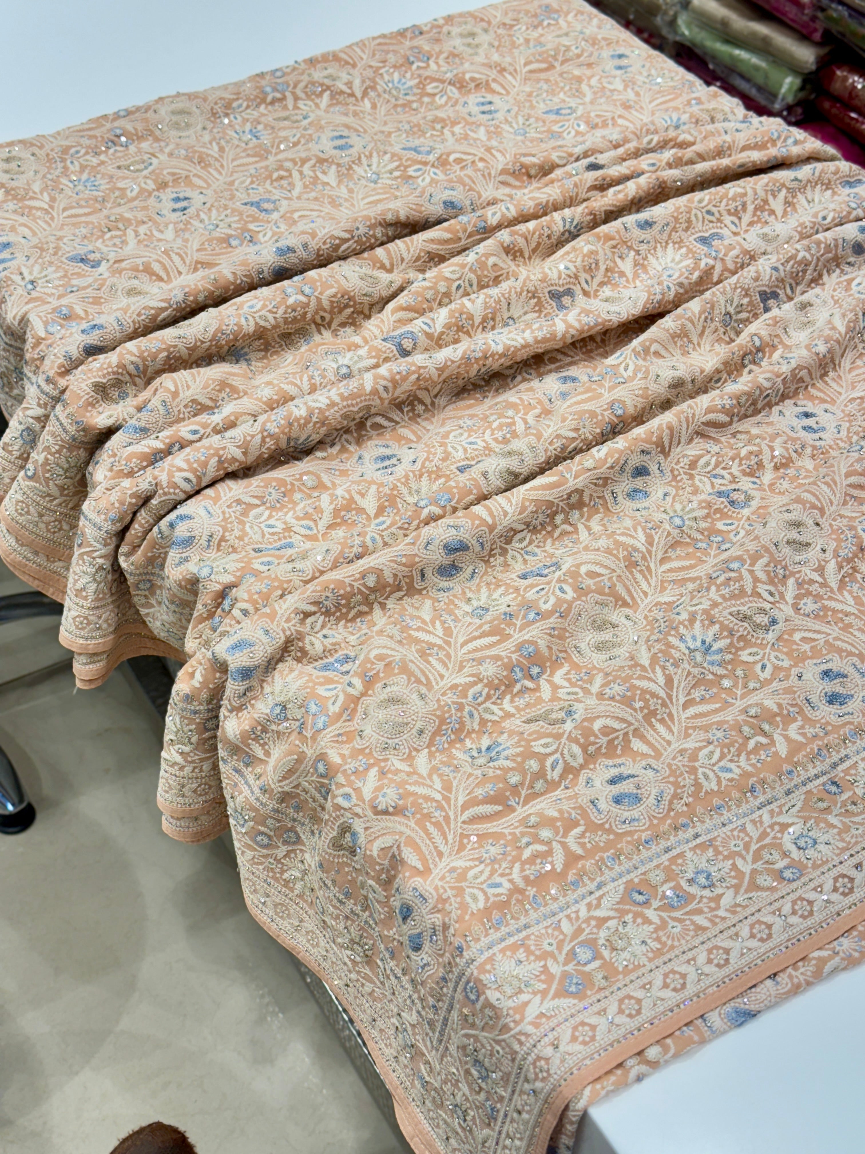 Light Peach Chikankari Saree Floral Design