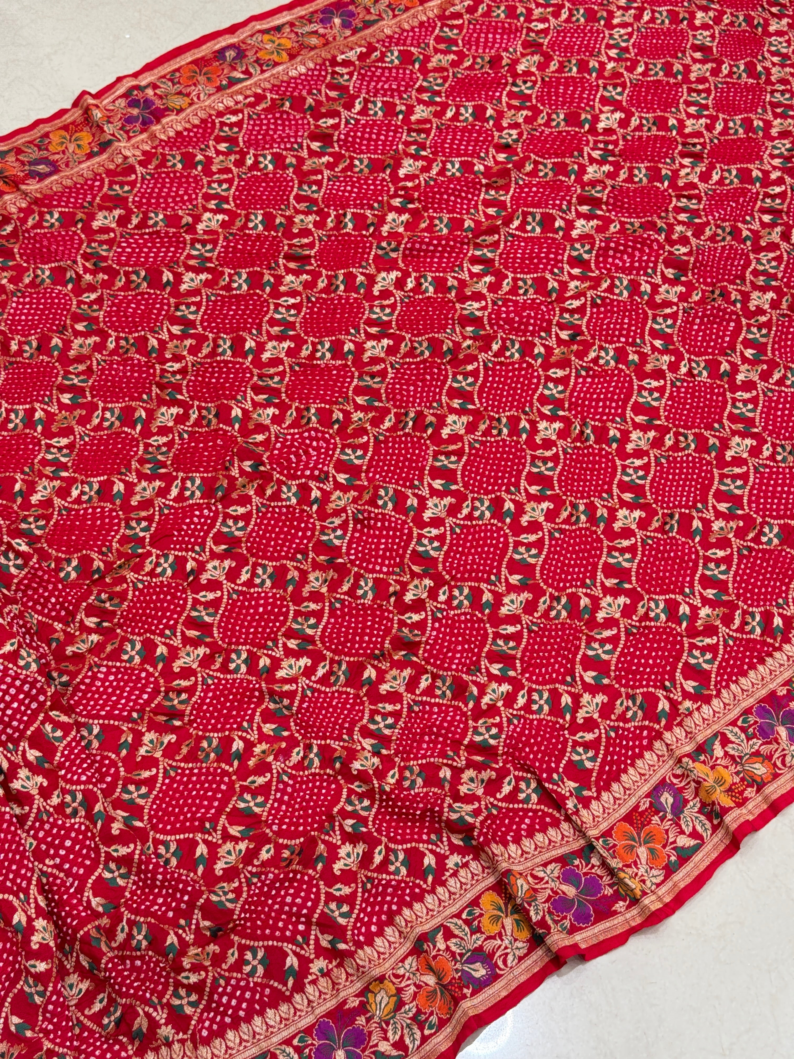 Red Meenakari Rai Bandhej Floral Border Saree
