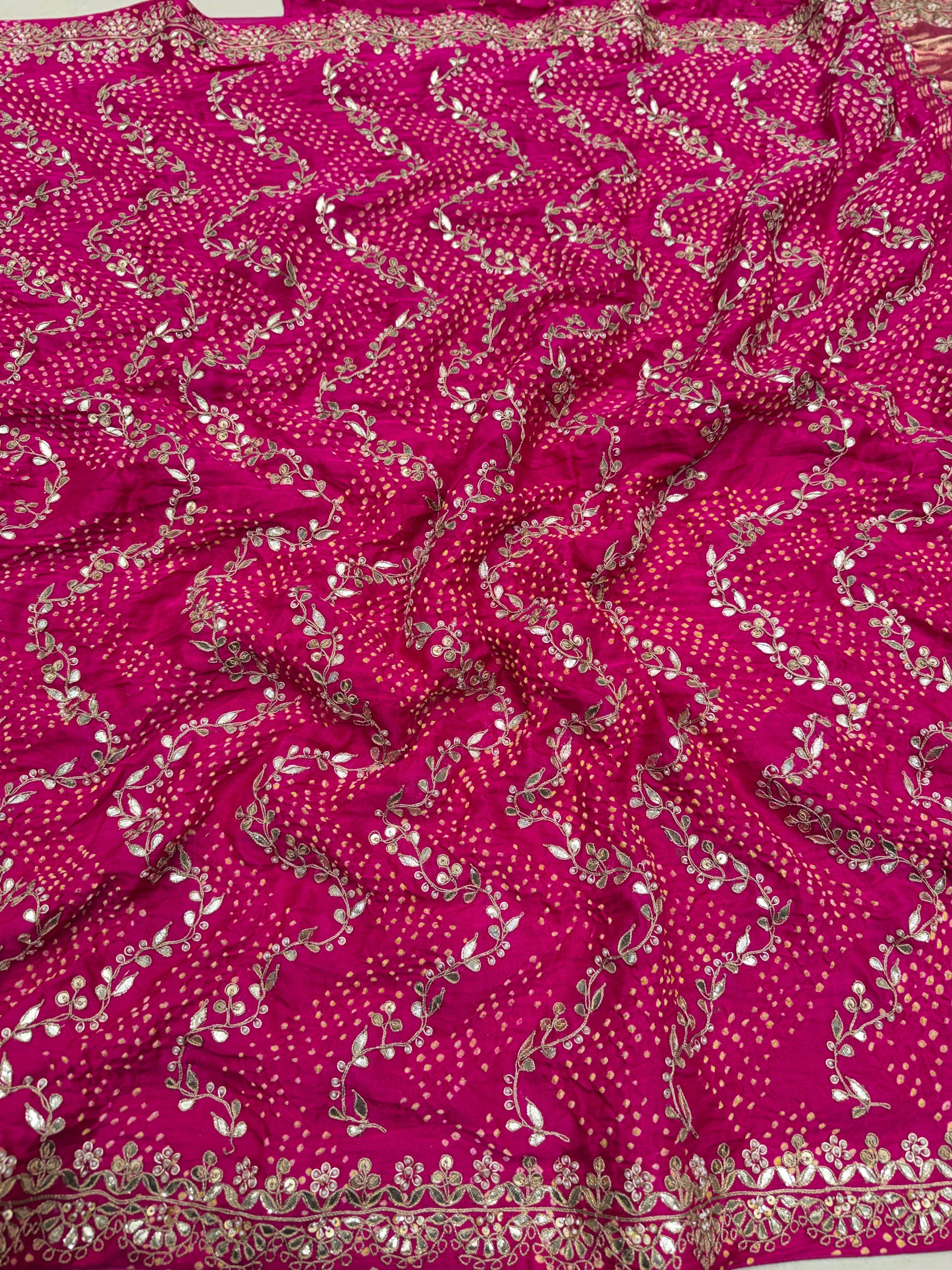 Rani Pink Gajji Silk Rai Bandhej Hand Done Gotapatti Saree