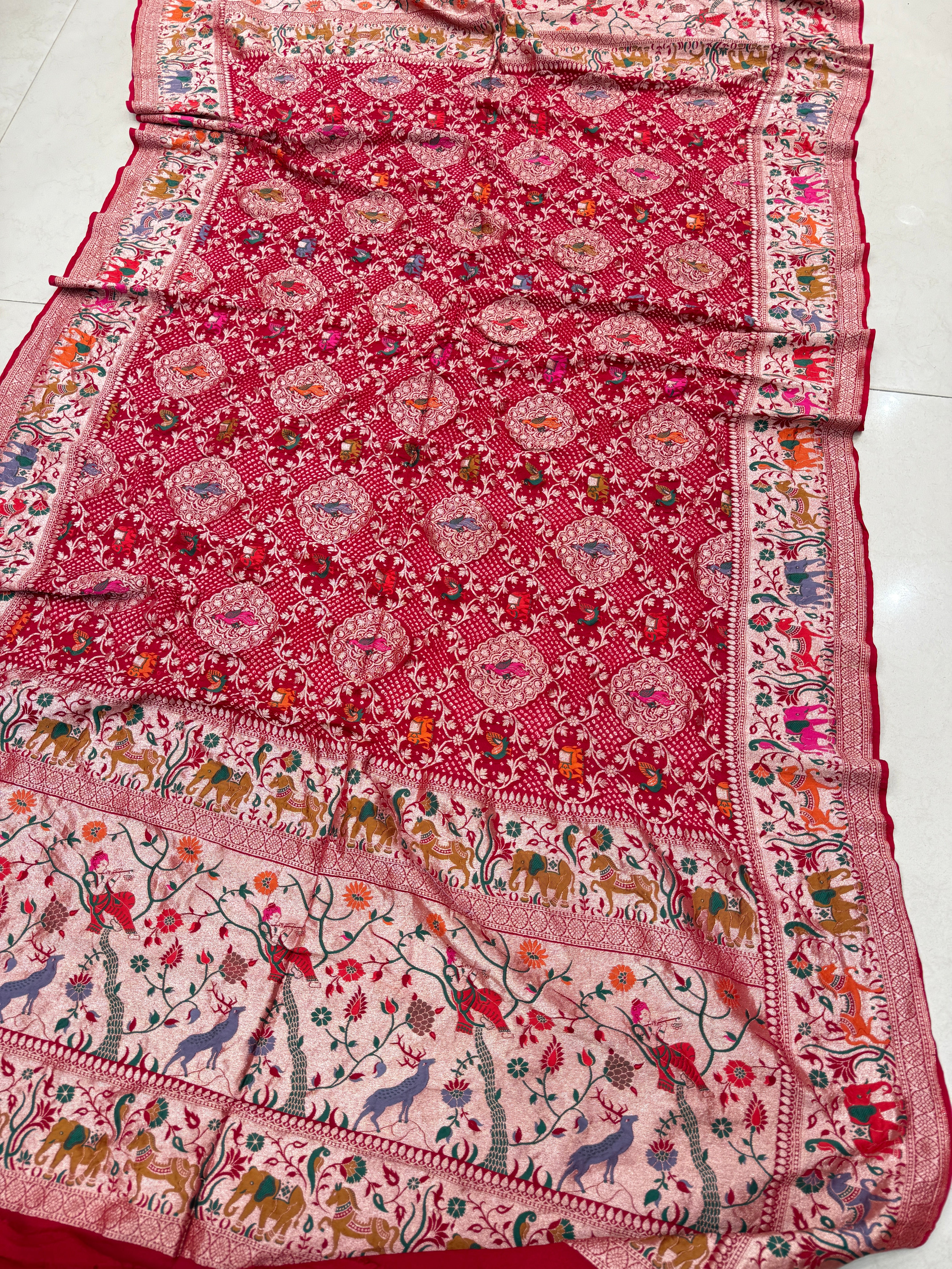 Red Handloom Meenakari Rai Bandhej Pure Zari Dupatta