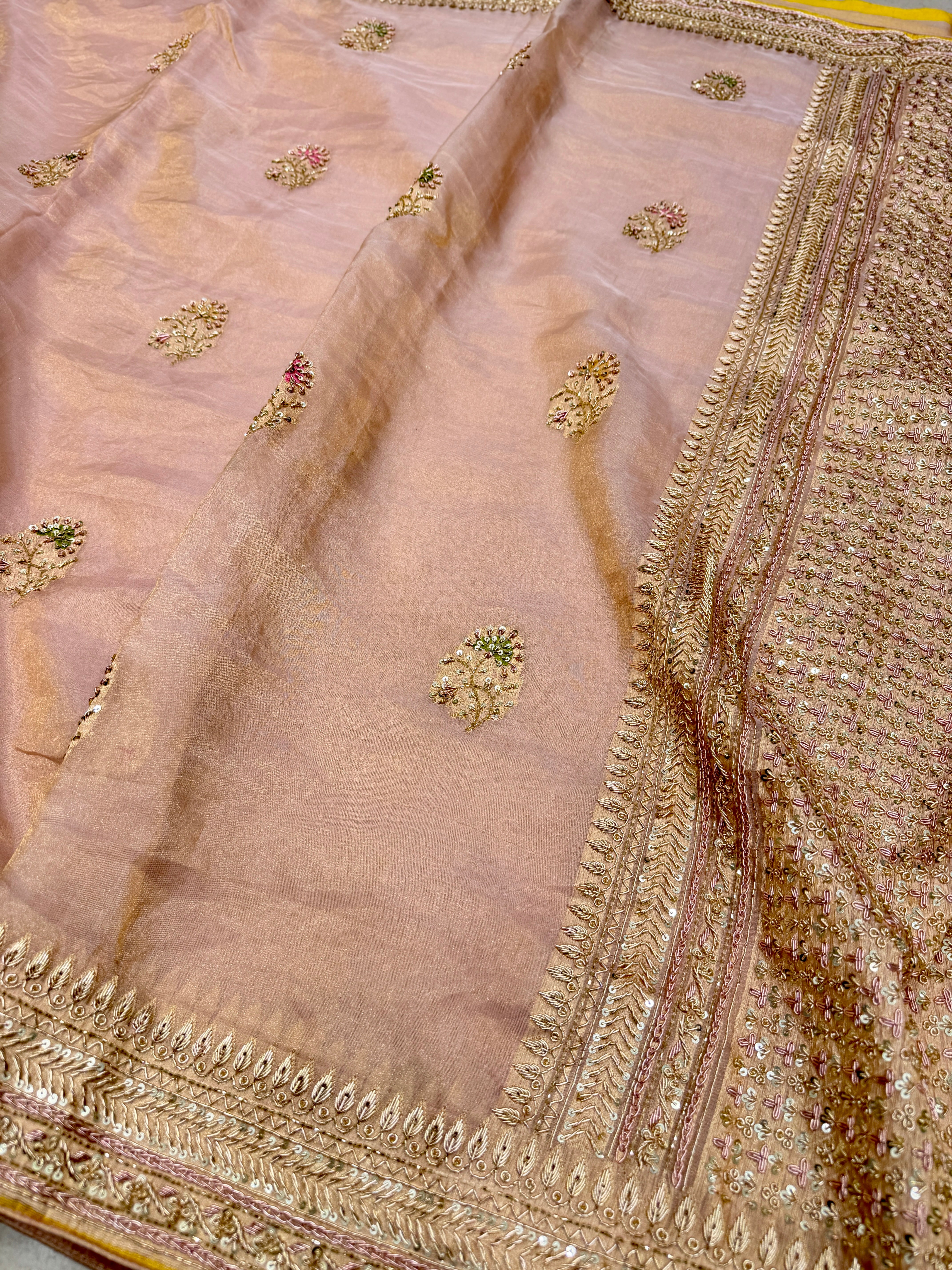 Pink Banarasi Tissue Handloom Kadwa Weave Zardosi Embroidery Saree