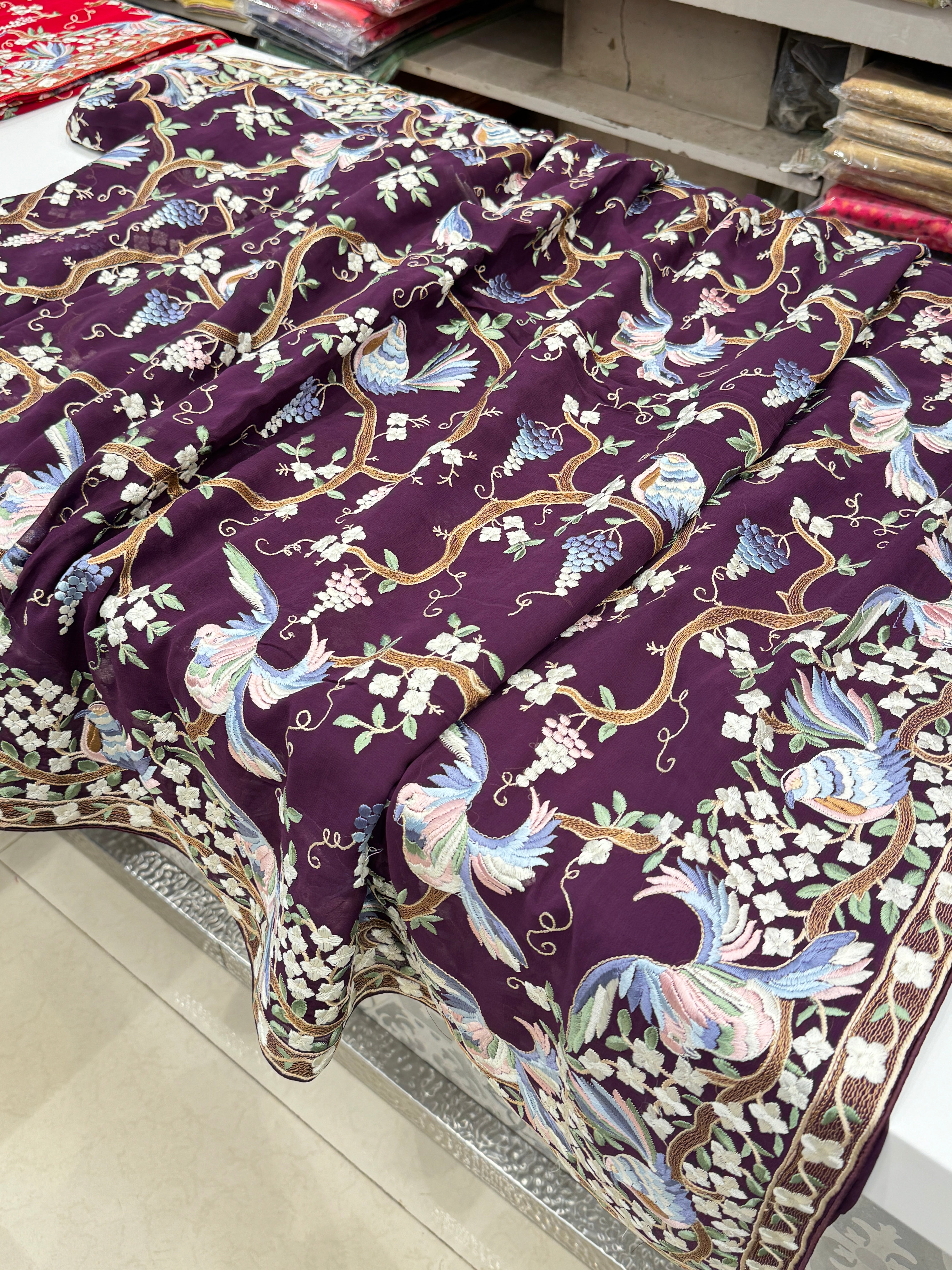 Wine Parsi Gara with Chakla Chakli Design Saree