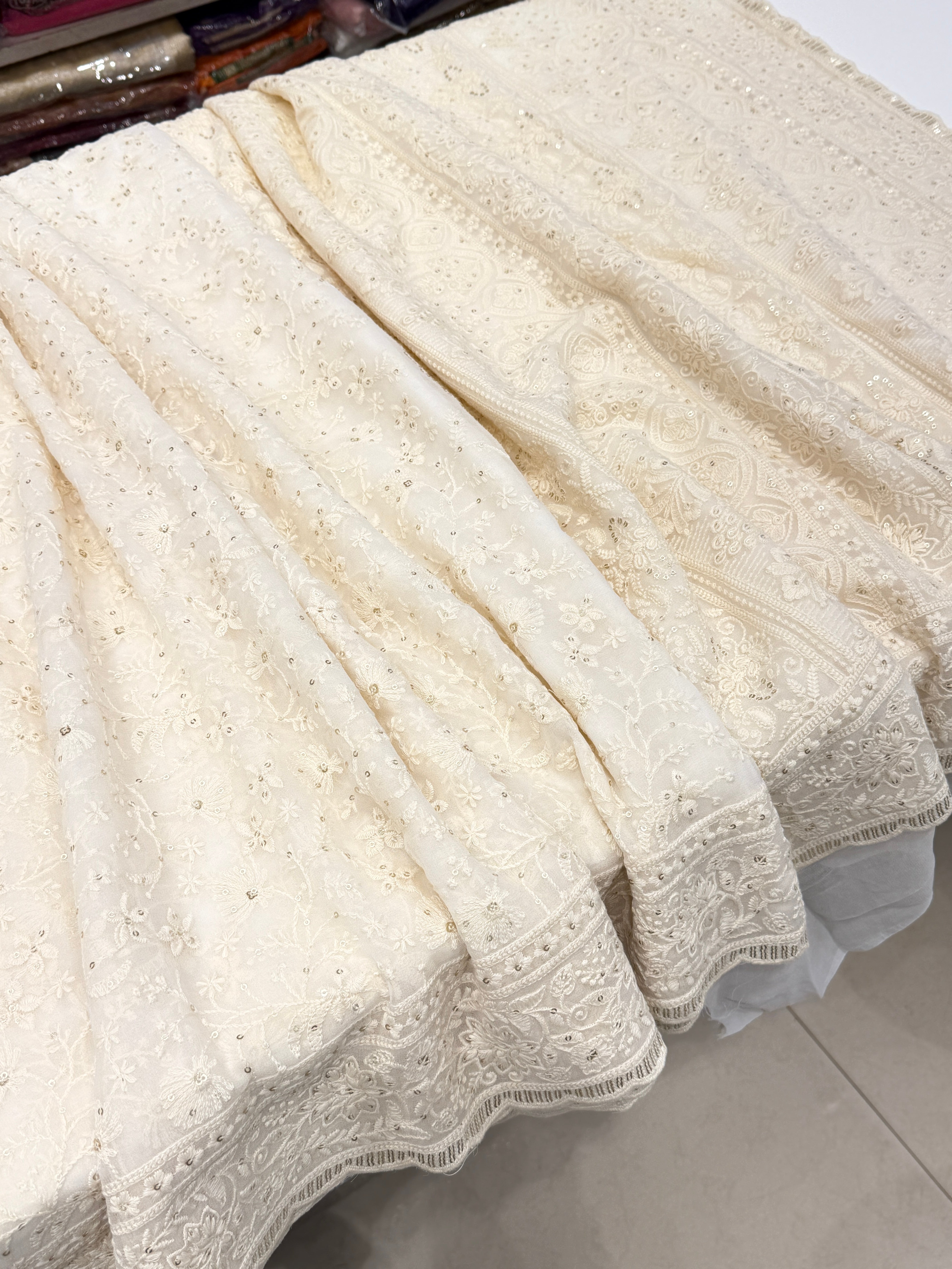 White Chikankari Georgette Floral Jaal Resham Sequin Embroidery Saree