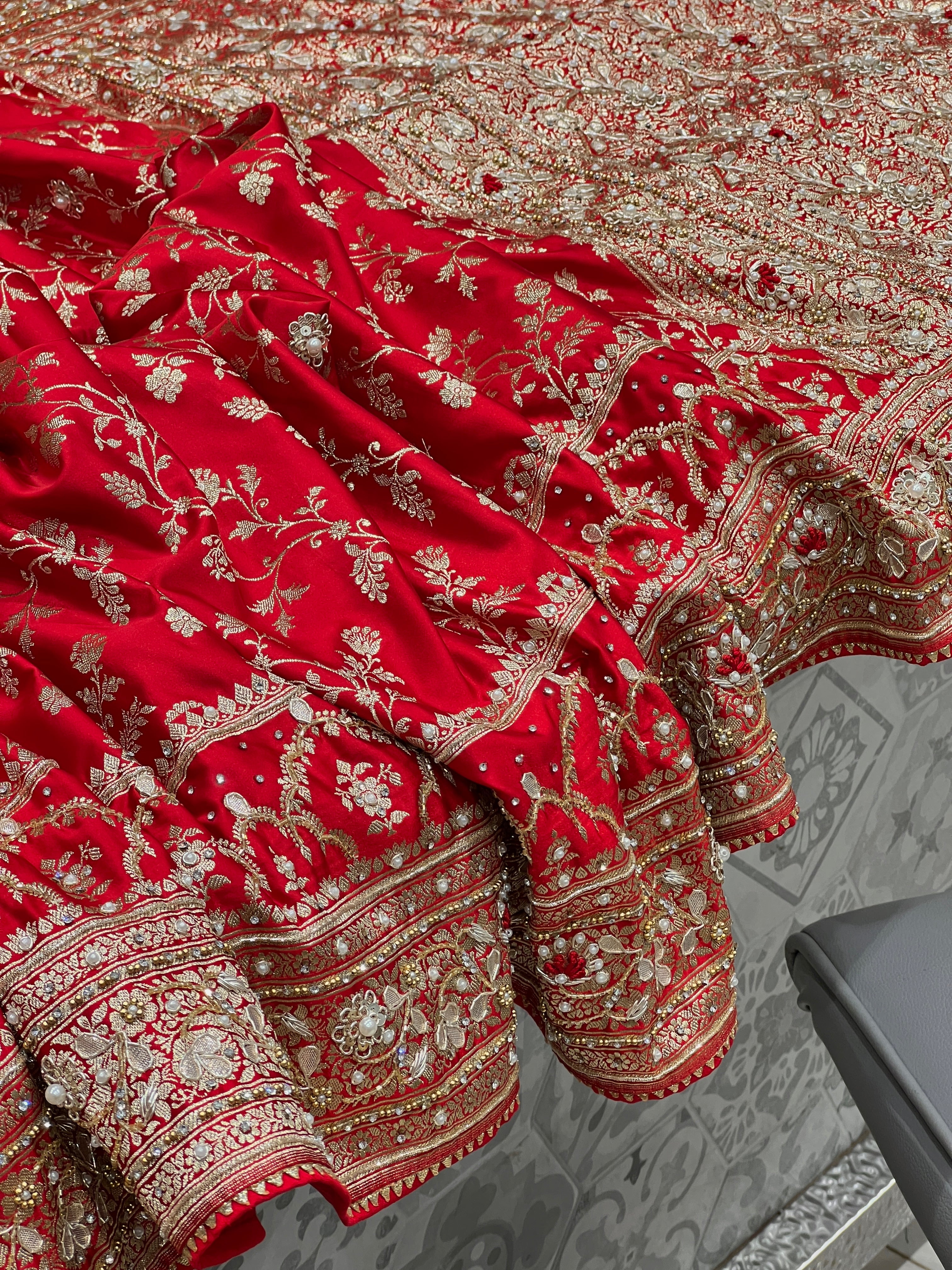 Red Banarasi Crown Border Zardosi Resham Hand Embroidery Saree