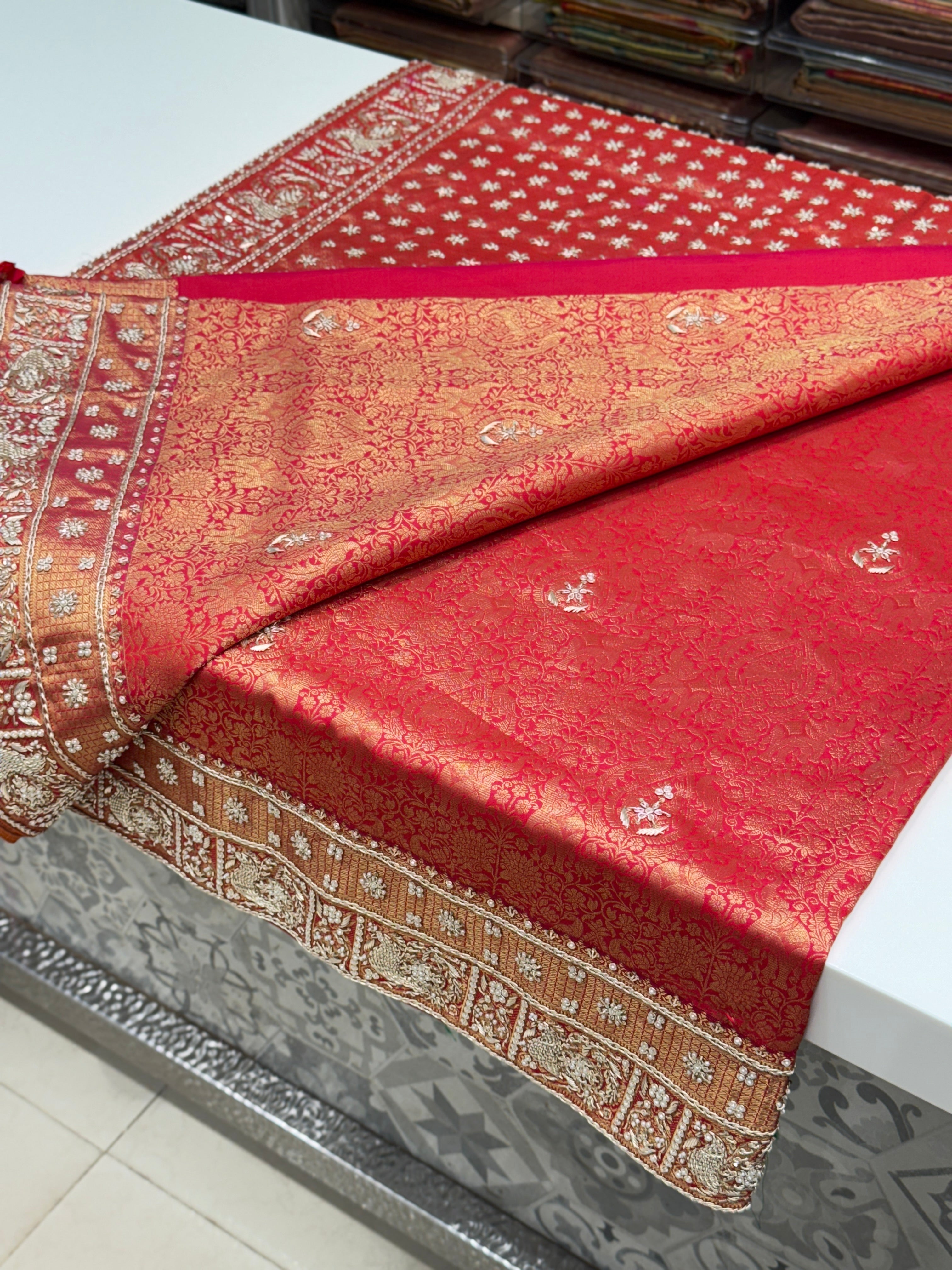Red Kanjivaram Peacock Motif Zardozi Hand Embroidery Saree
