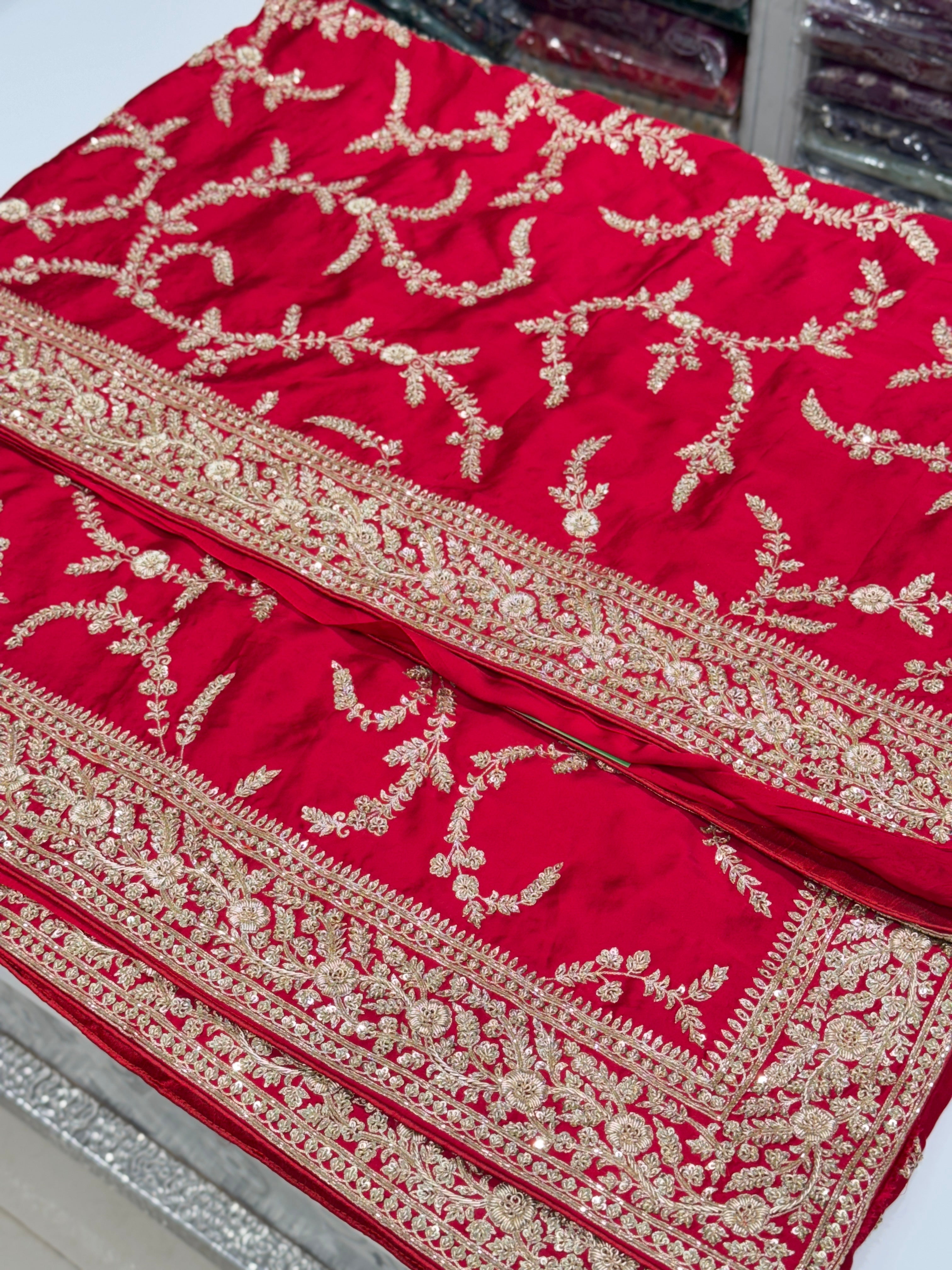 Red Hand Embroidery Jaal Pure Satin Zardosi Embroidery