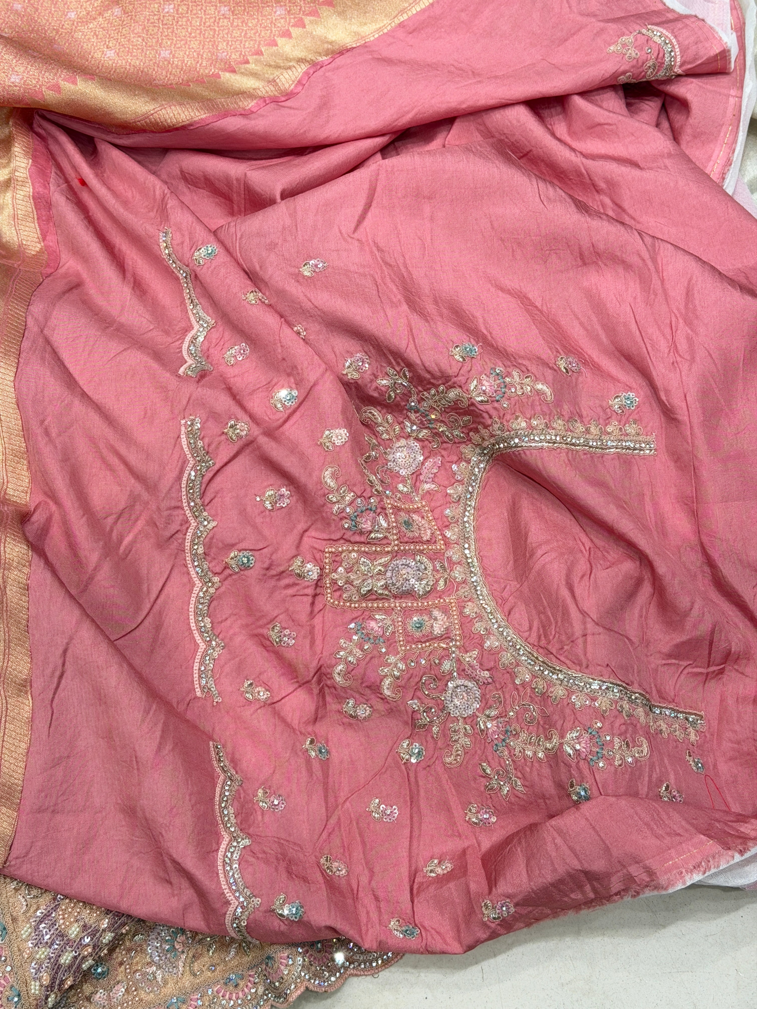 Silver Light Pink Soft Tissue Weaved Moti Embroidery Saree