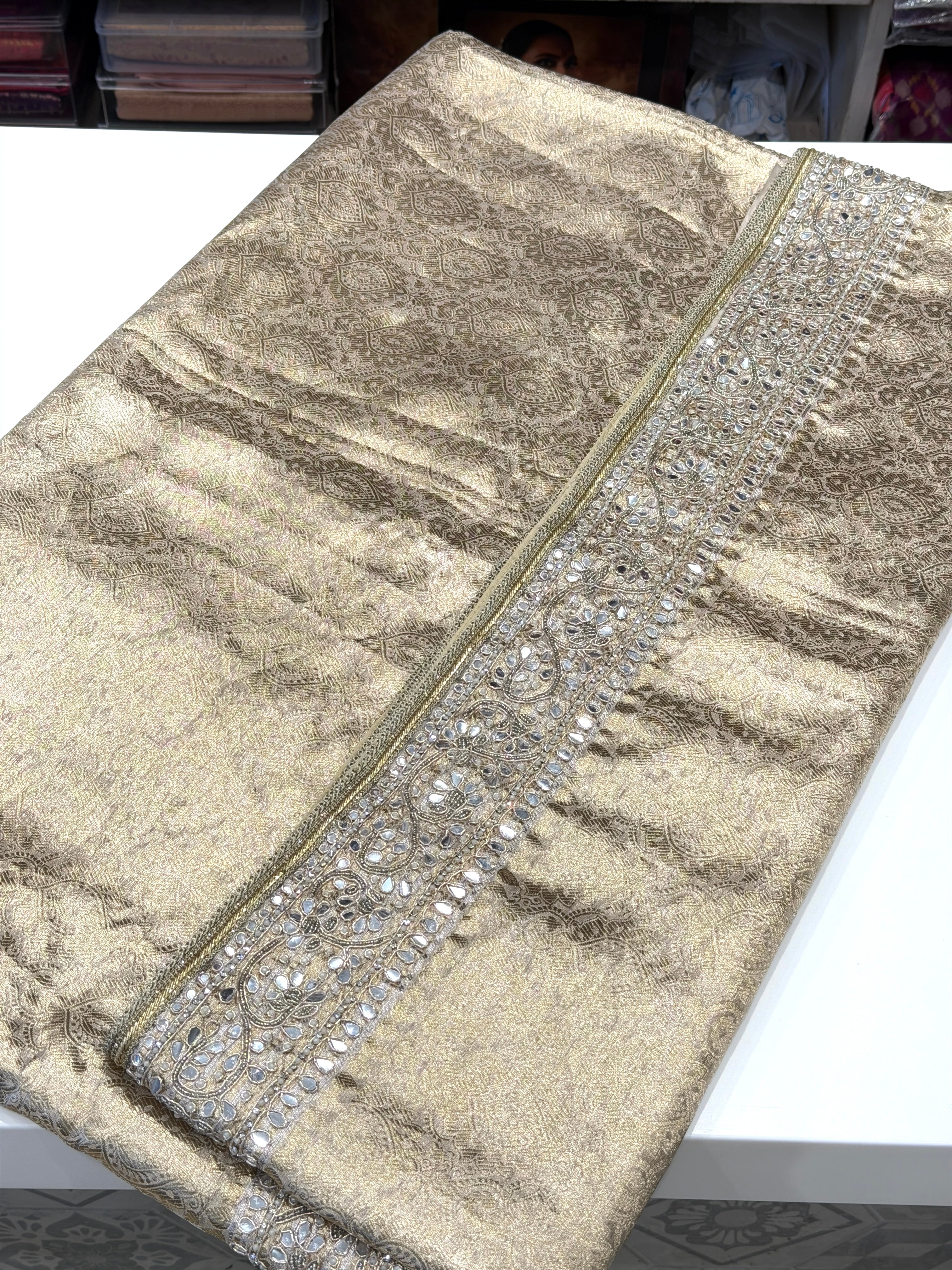 Gold Tissue Kanjivaram Moti Hand Embroidery Saree