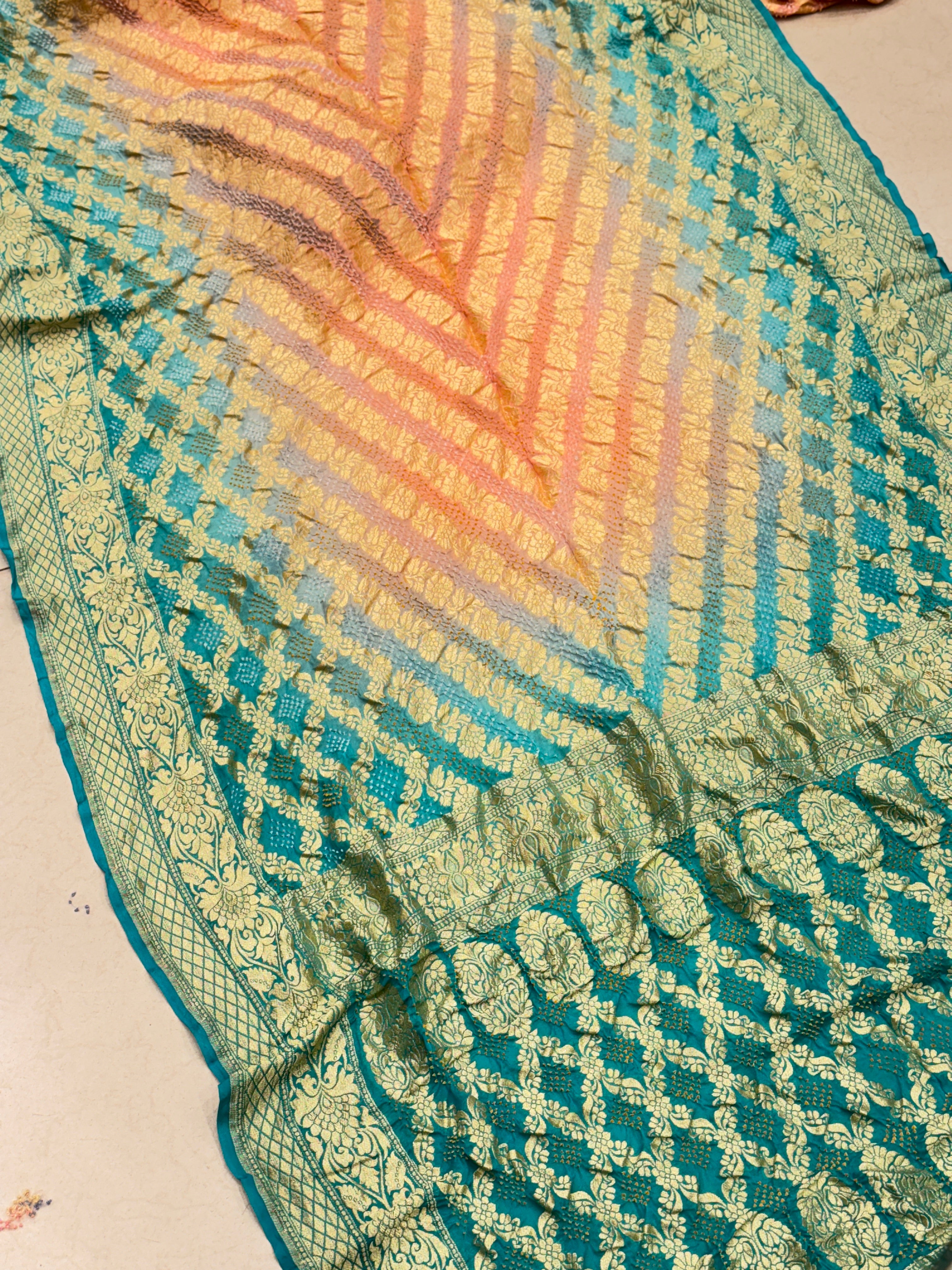 Peach Rama Shaded Bandhej Bandhini Saree