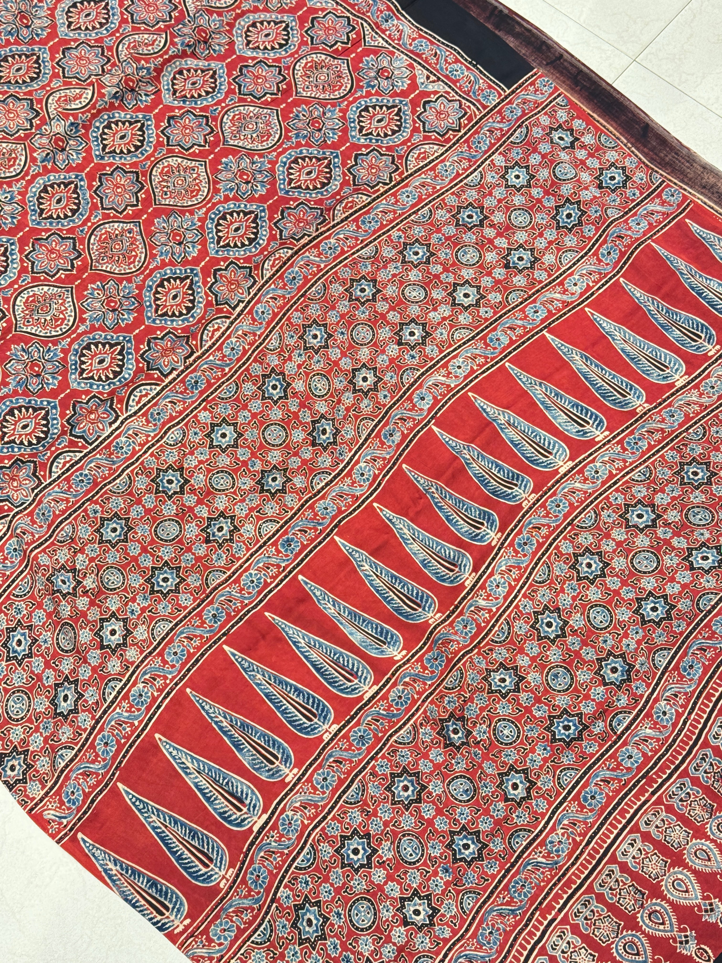 Red Jewelled Badam Butti Ajrakh Gajji Hand Block Print Saree