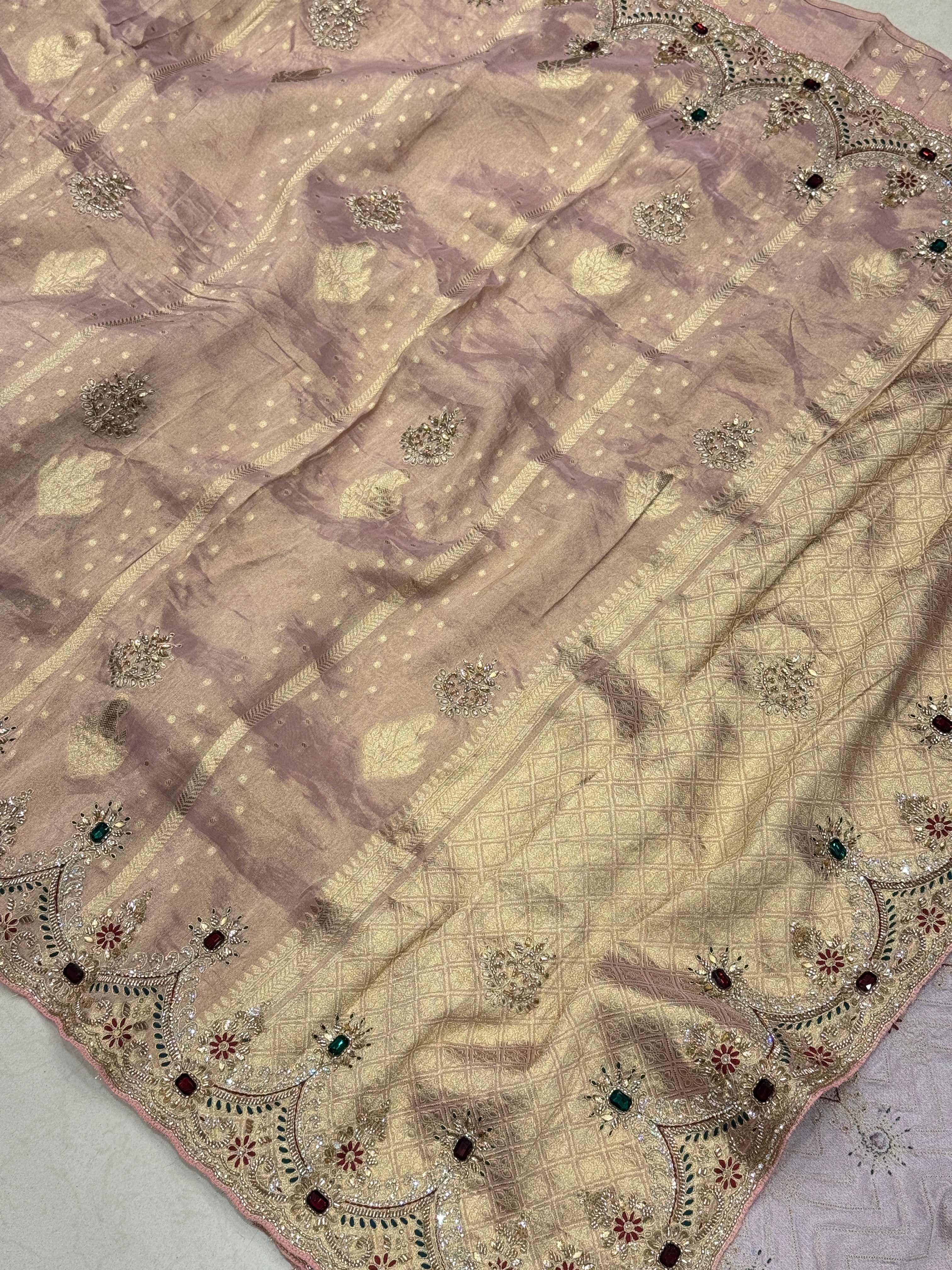 Pink Weaved Golden Silver Soft Tissue Pita Crystal Scallop Embroidery Saree