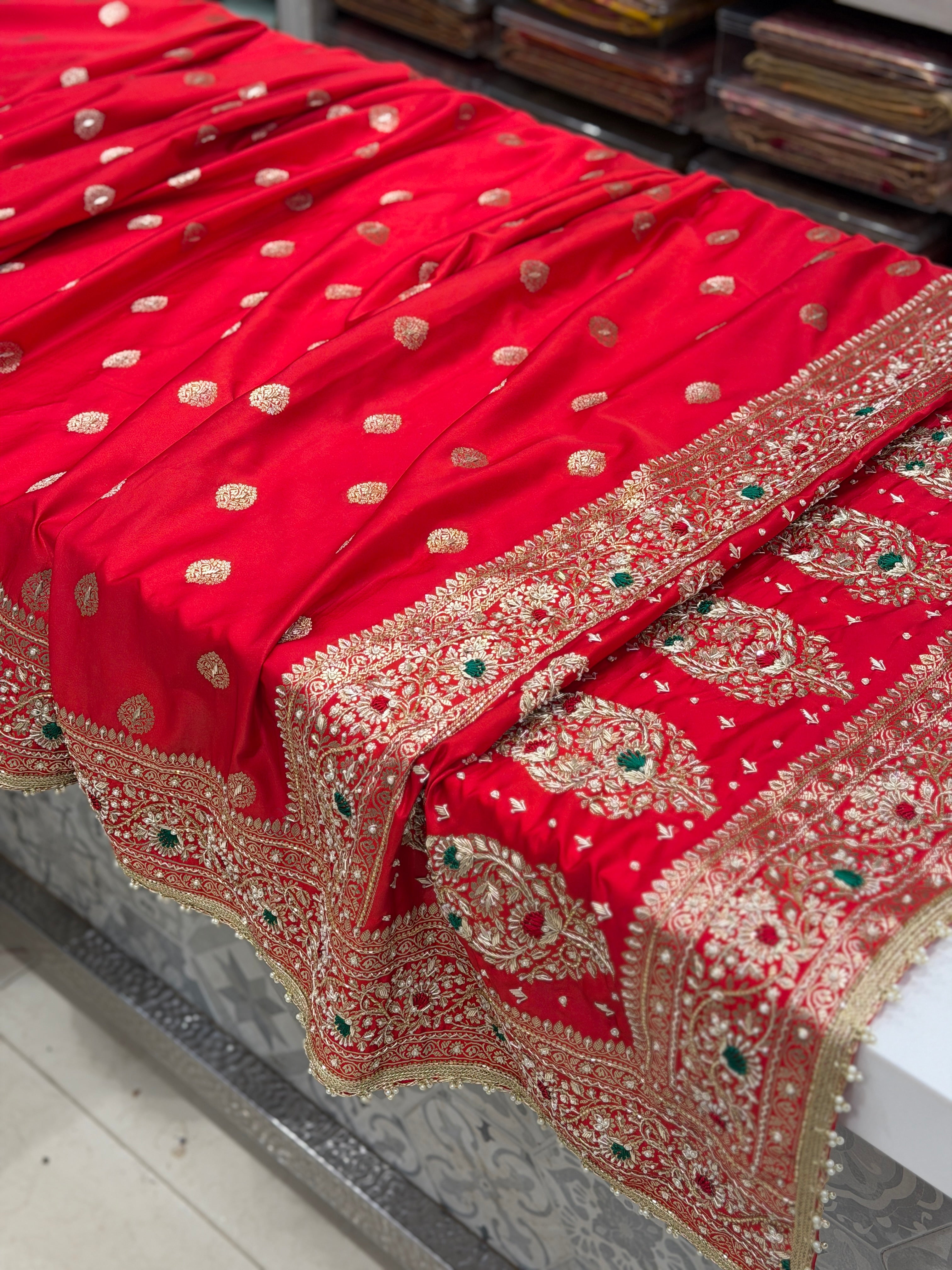 Red Banarasi Buttas Resham Zardosi Hand Embroidery Saree