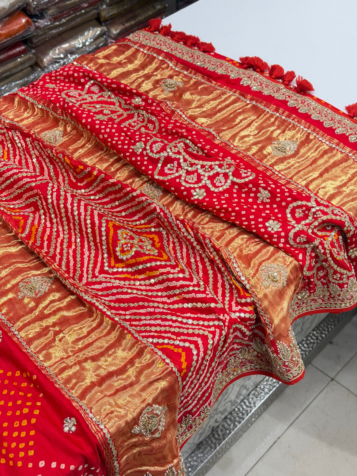Red Jaal Faabiiana Inspired Gajji Silk Rai Bandhej Gotapatti Marodi Hand Embroidery Saree