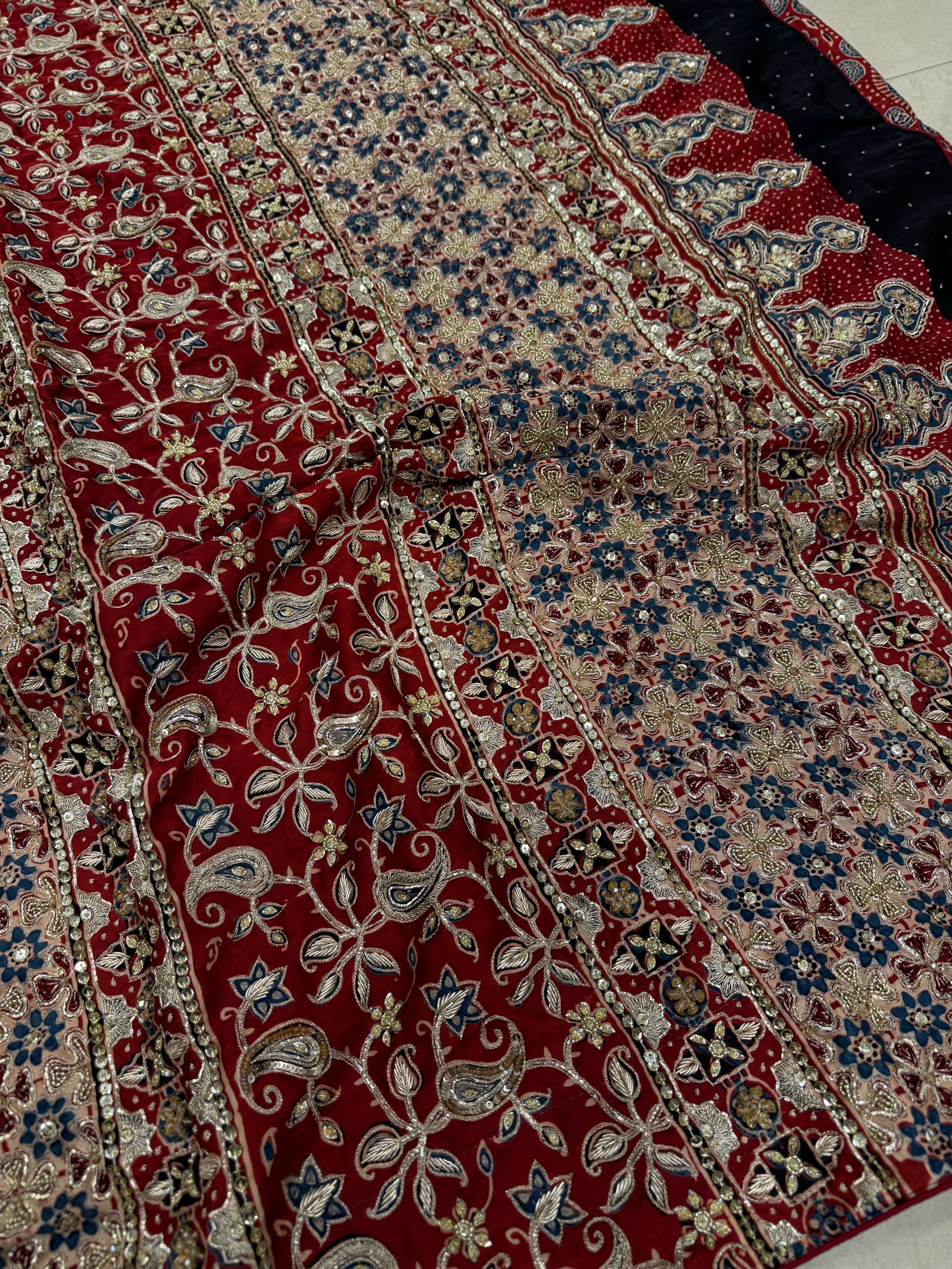Red Ajrakh Pita Zardosi Ajrakh Hand Embroidery Saree