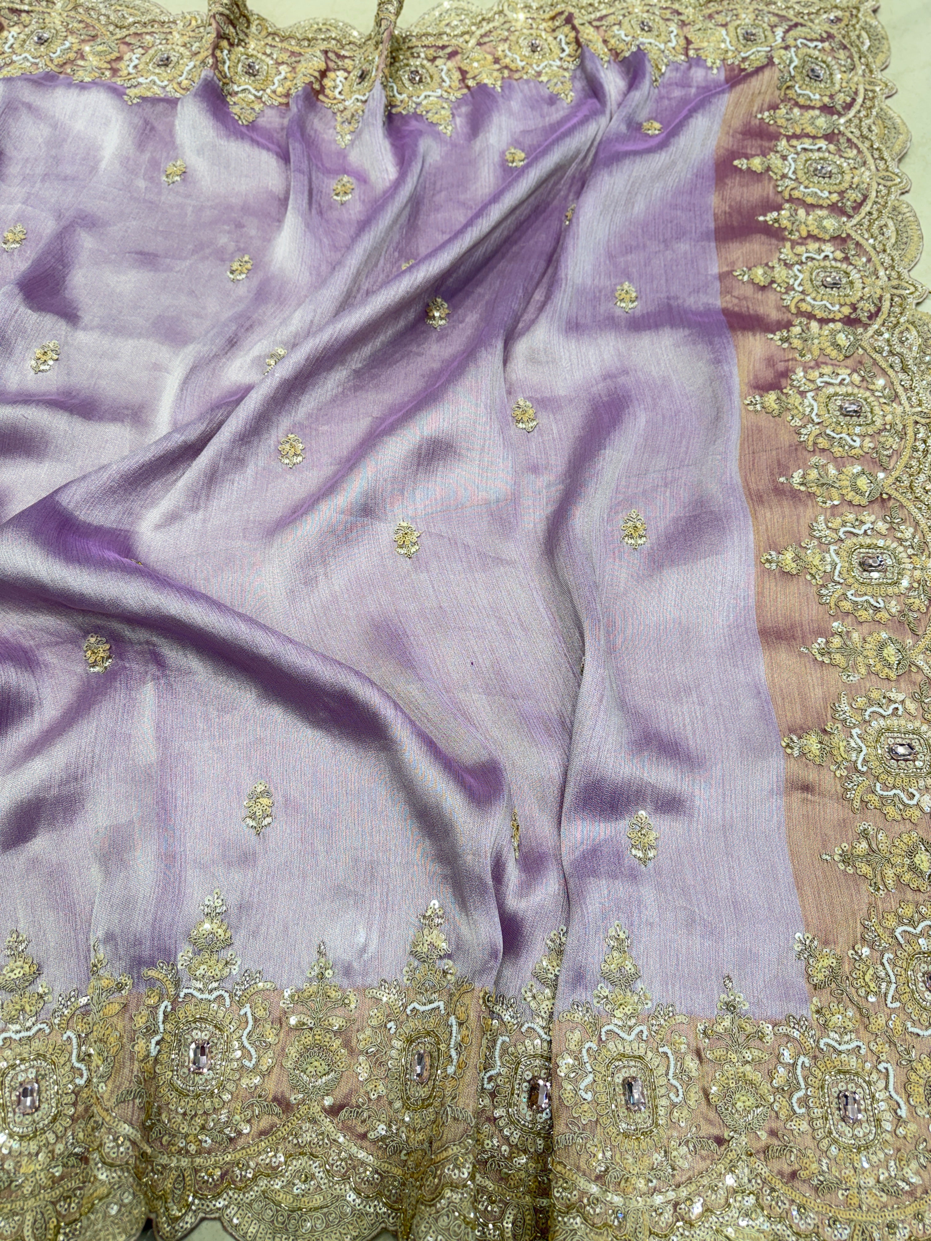 Lilac Golden Silver Soft Tissue Moti Crystal Embroidery Saree
