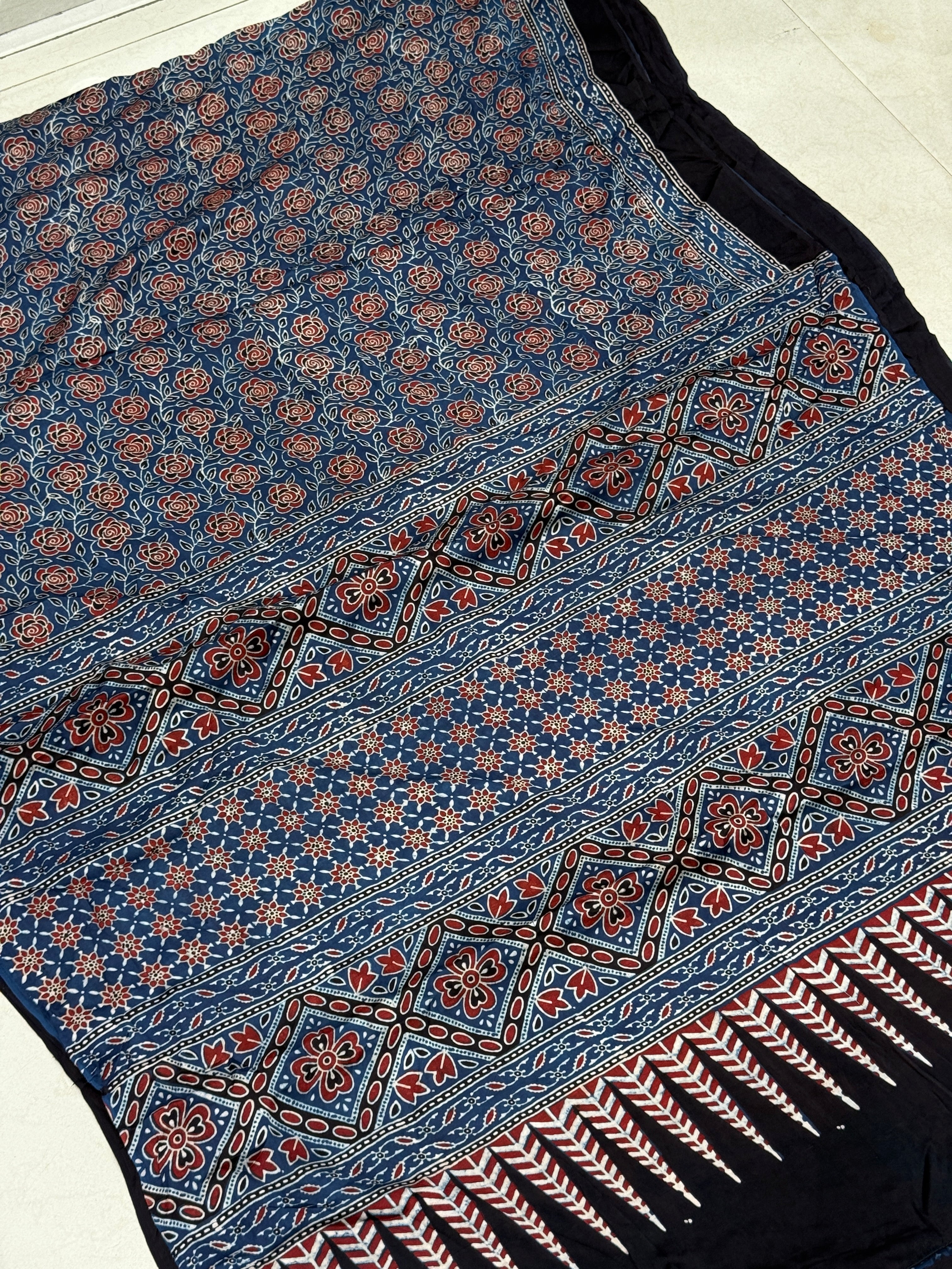 Blue Rose Ajrakh Hand Block Print Pure Gajji Silk Saree