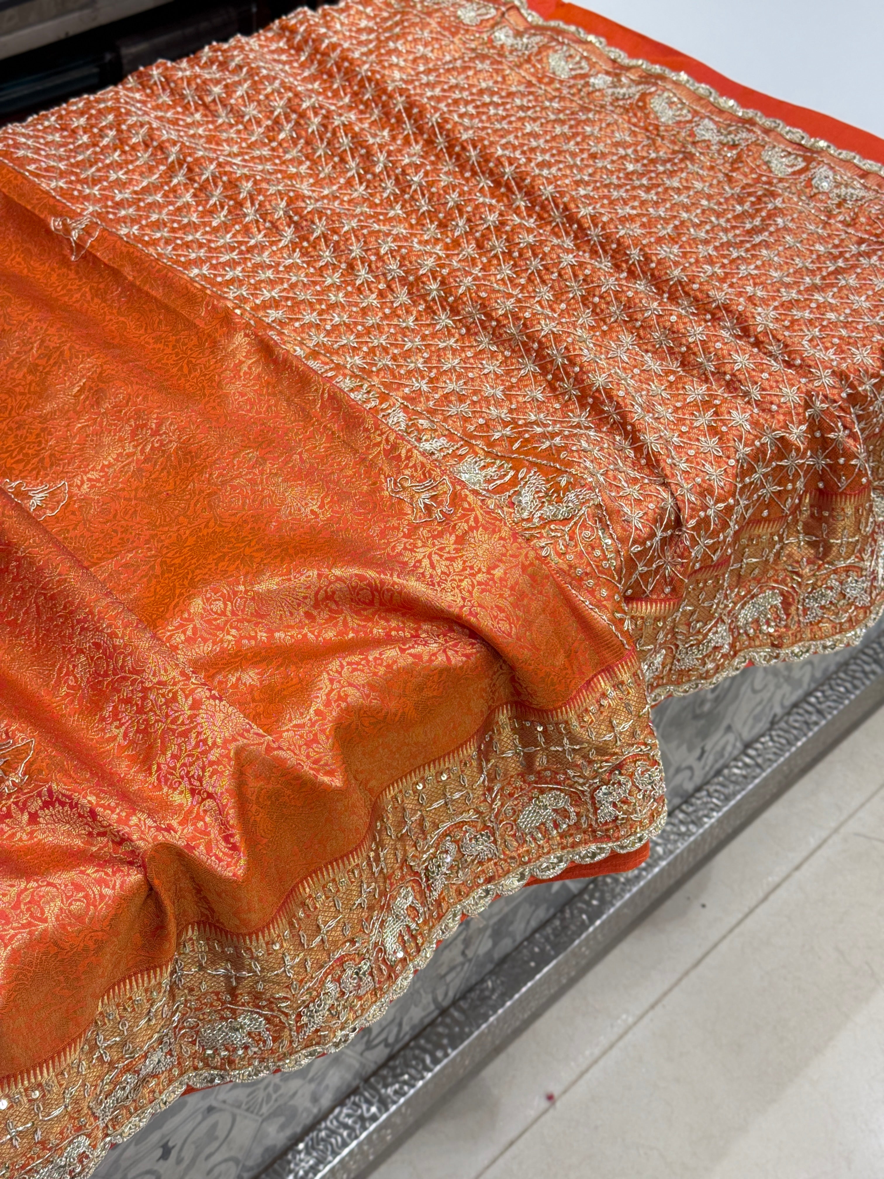 Orange Kanjivaram Peacock Motif Zardozi Hand Embroidery Saree