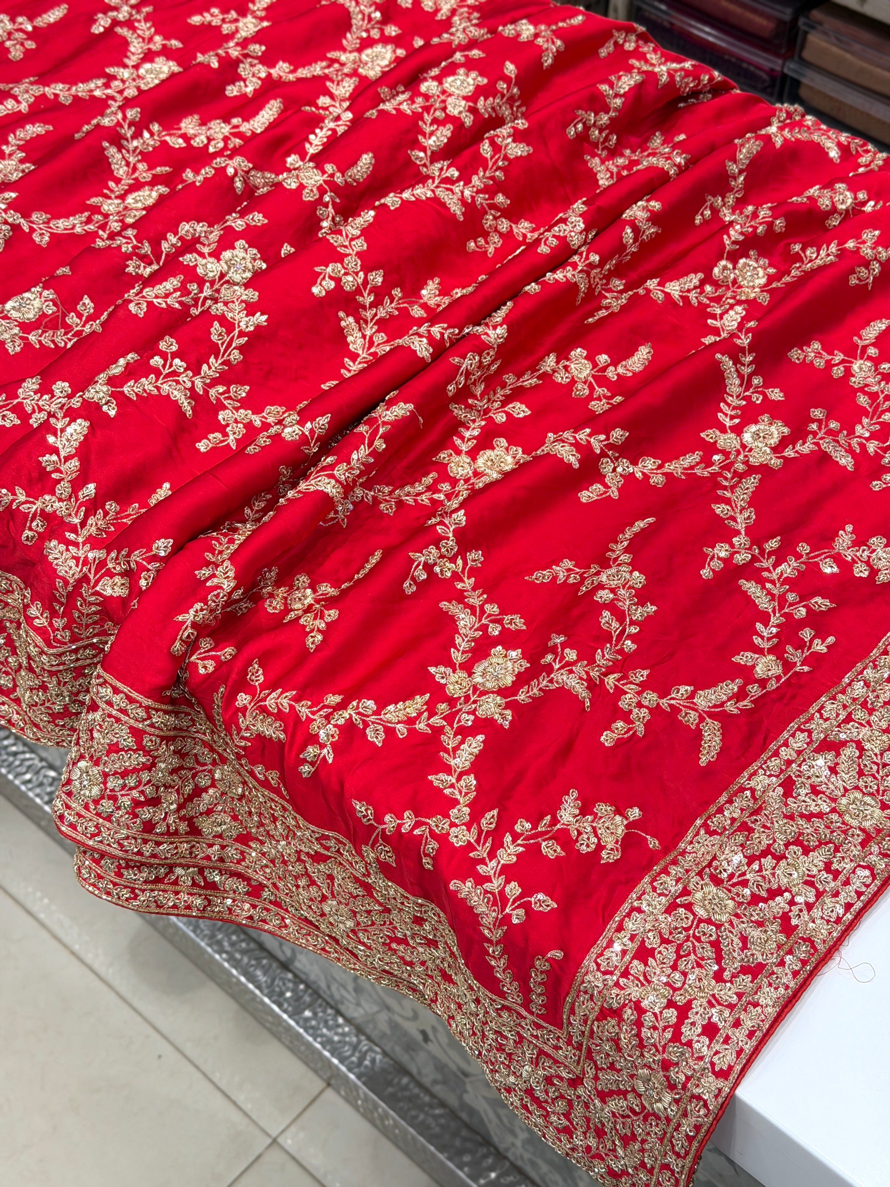Red Pure Satin Silk Zardosi Hand Embroidery Jaal Saree