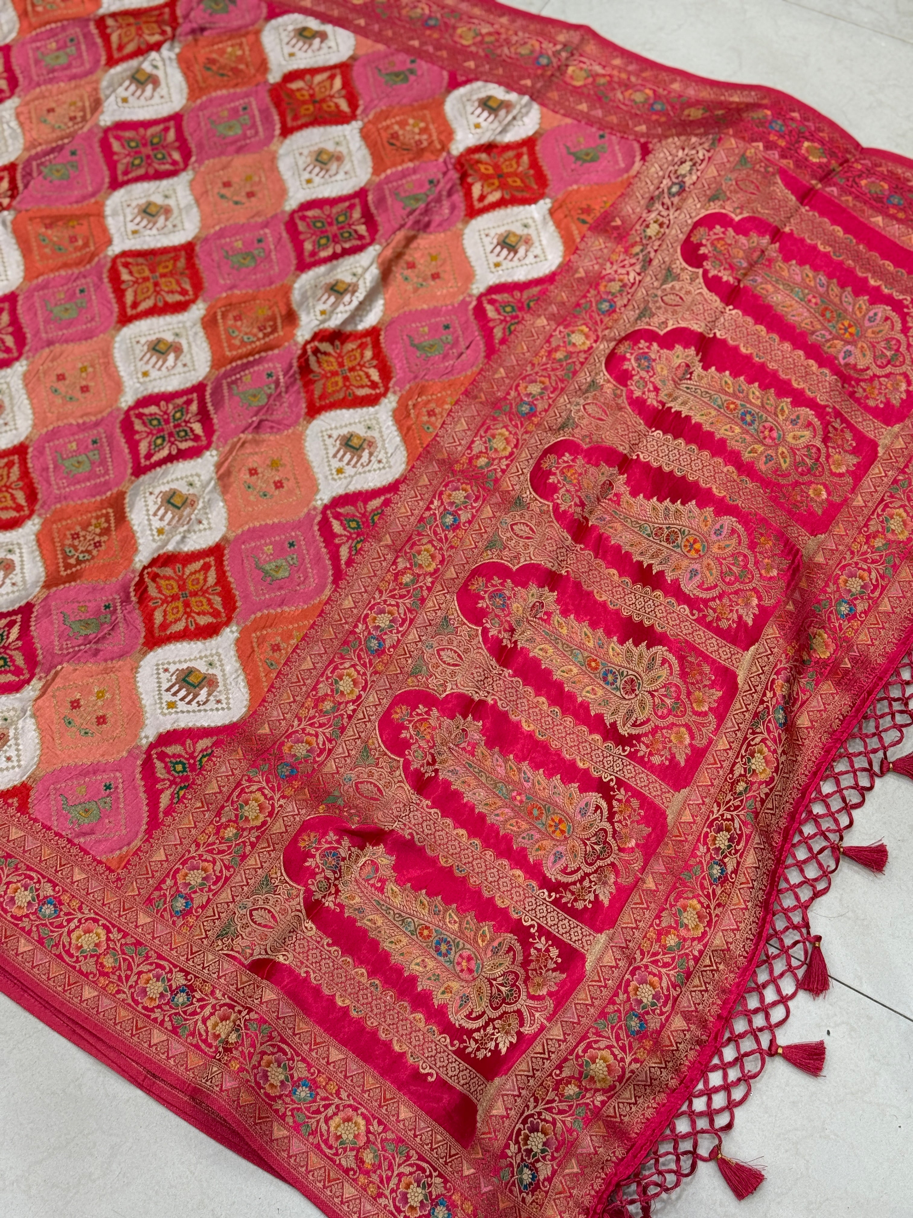 Moti White Rani Patola Elephant Motif Modal Rangkat Saree