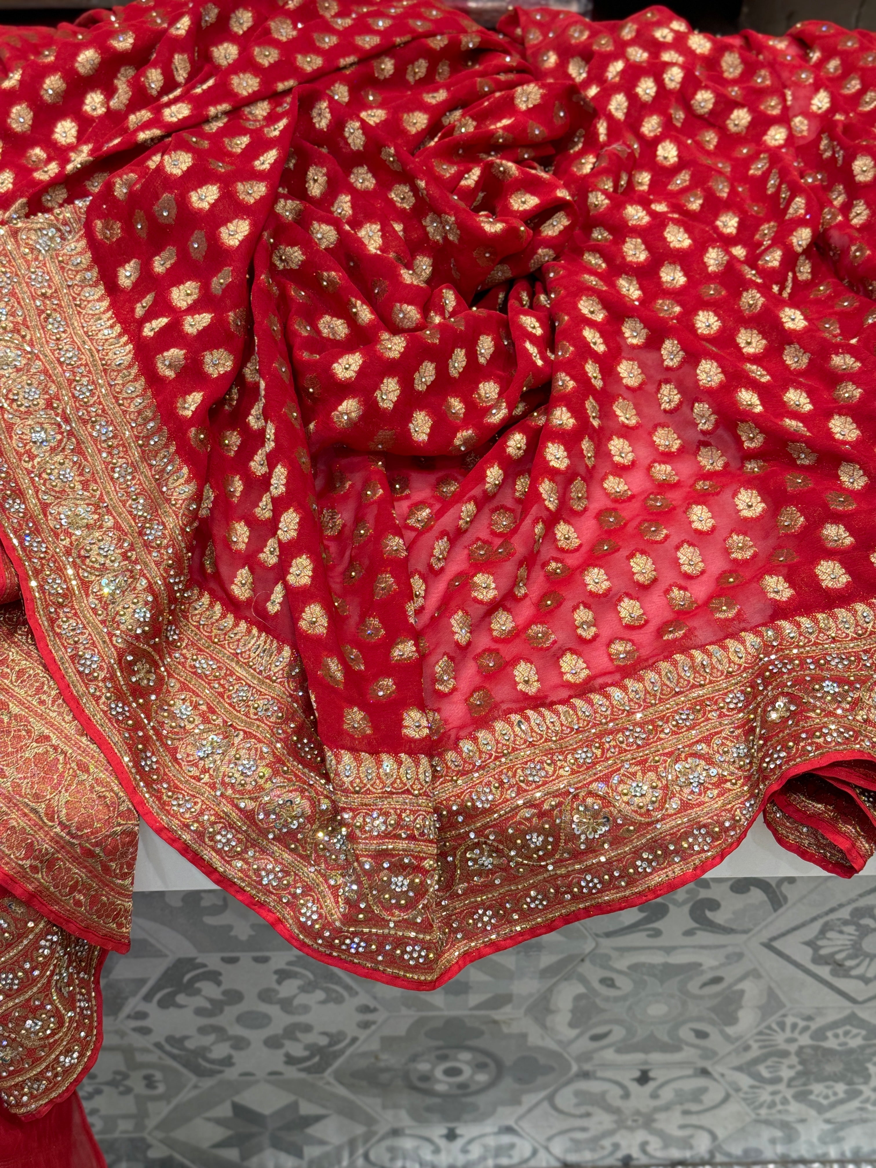 Red Banarasi Khaddi Georgette Hand Done Buttis