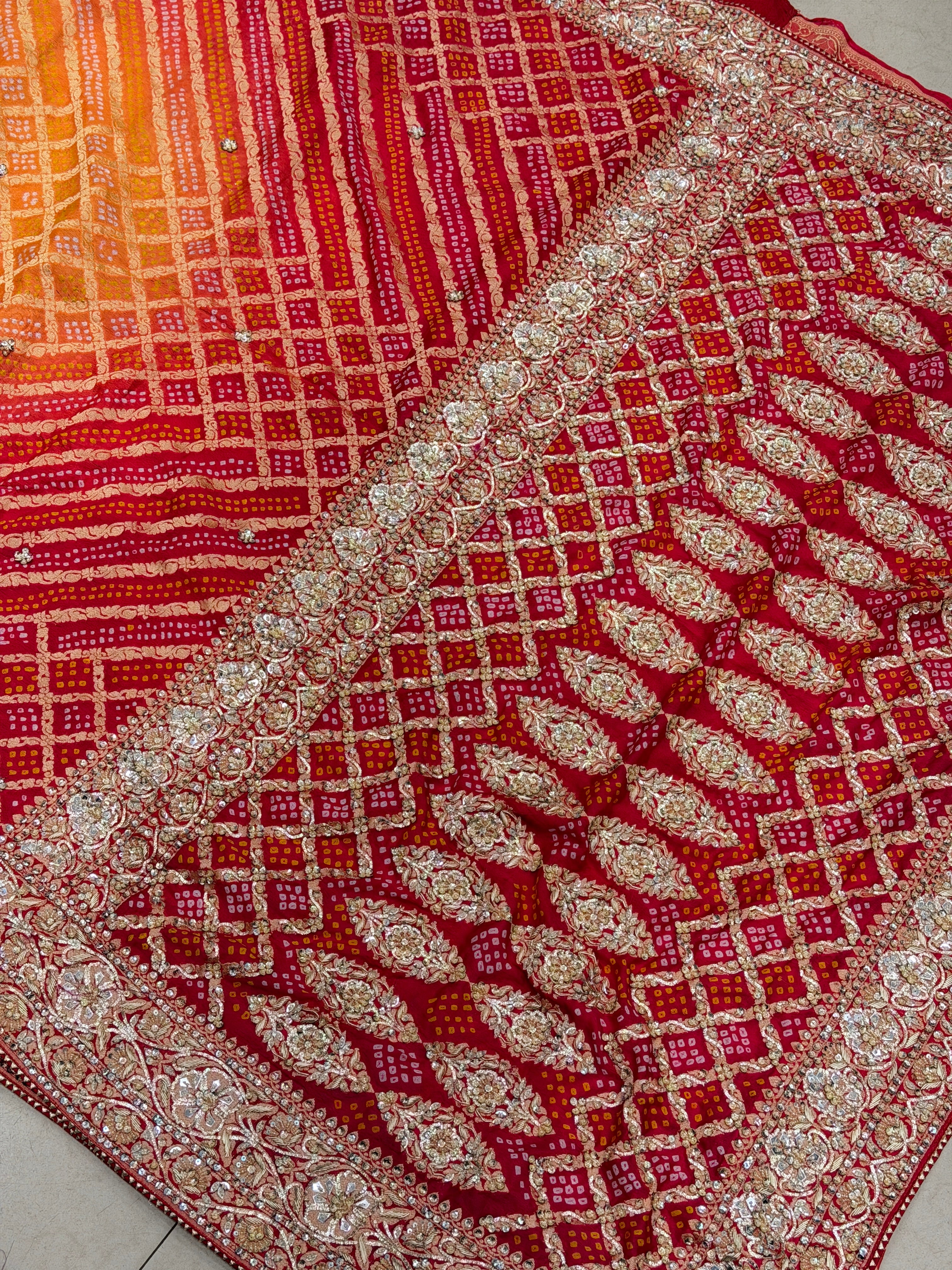 Orange Red Rai Bandhej Zardosi Pita Hand Embroidery Saree