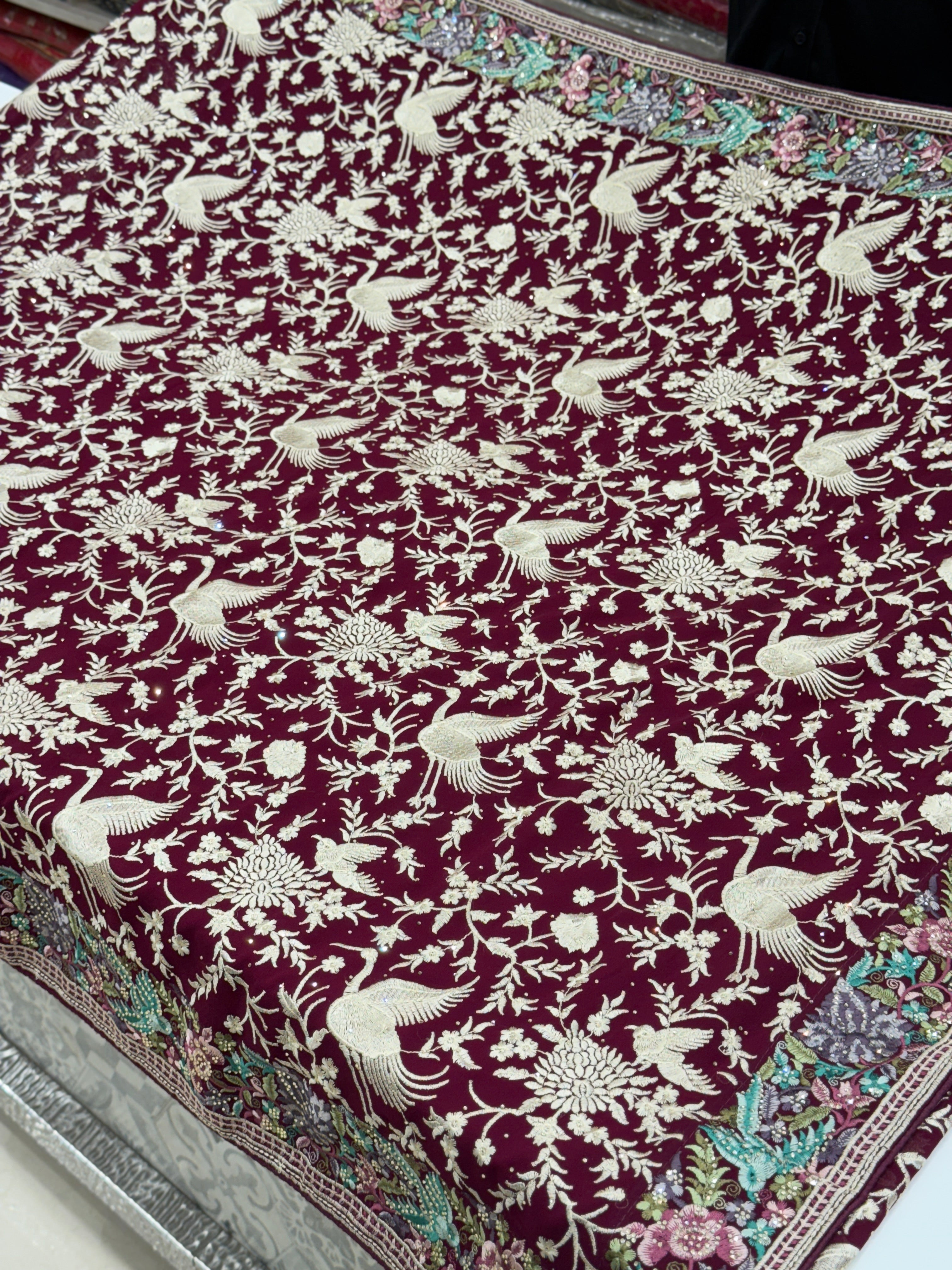 Wine Parsi Gara Saree with Stone Work Resham Embroidery