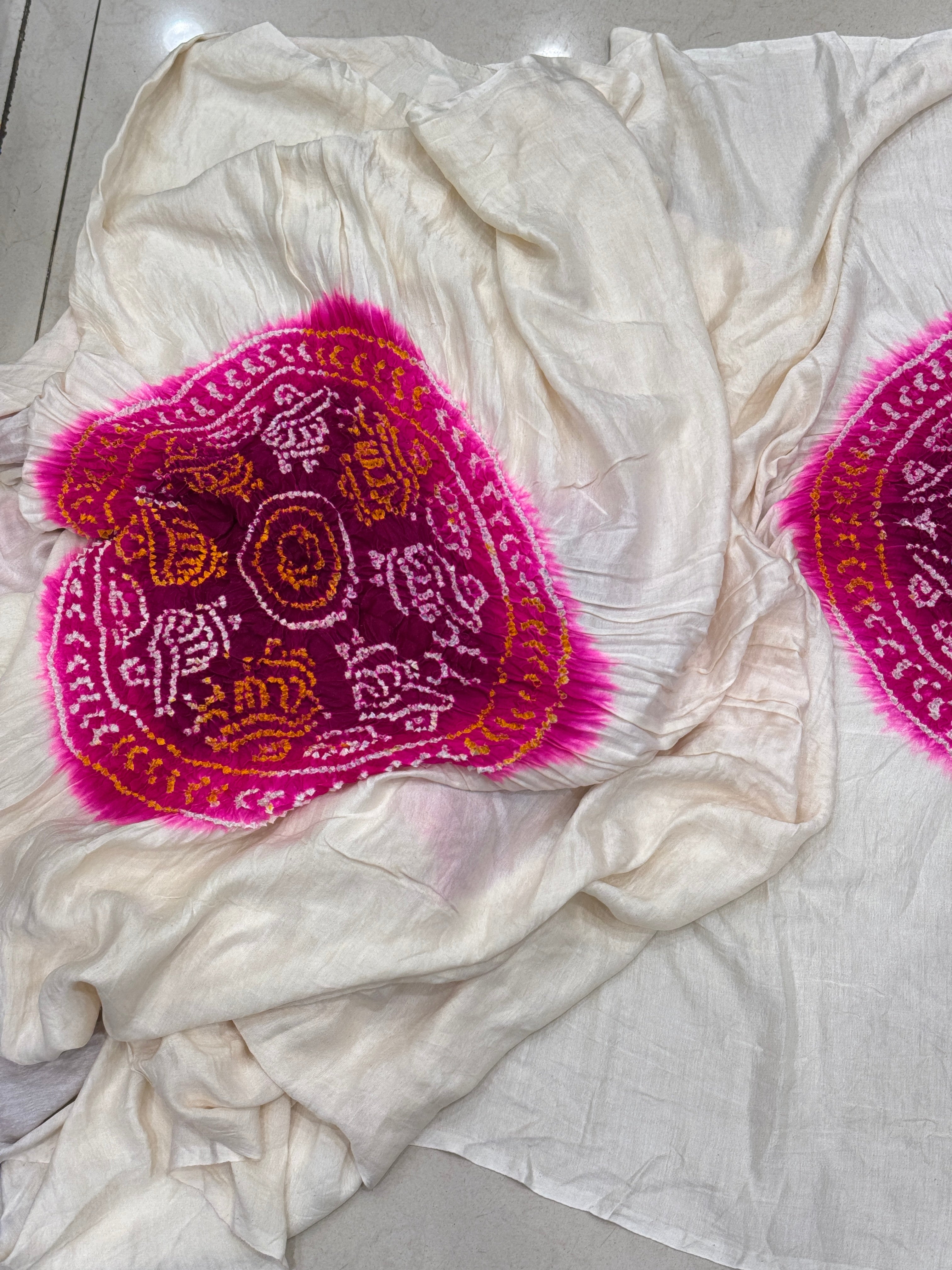 Moti White Gajji Silk Bandhej Bandhini Saree