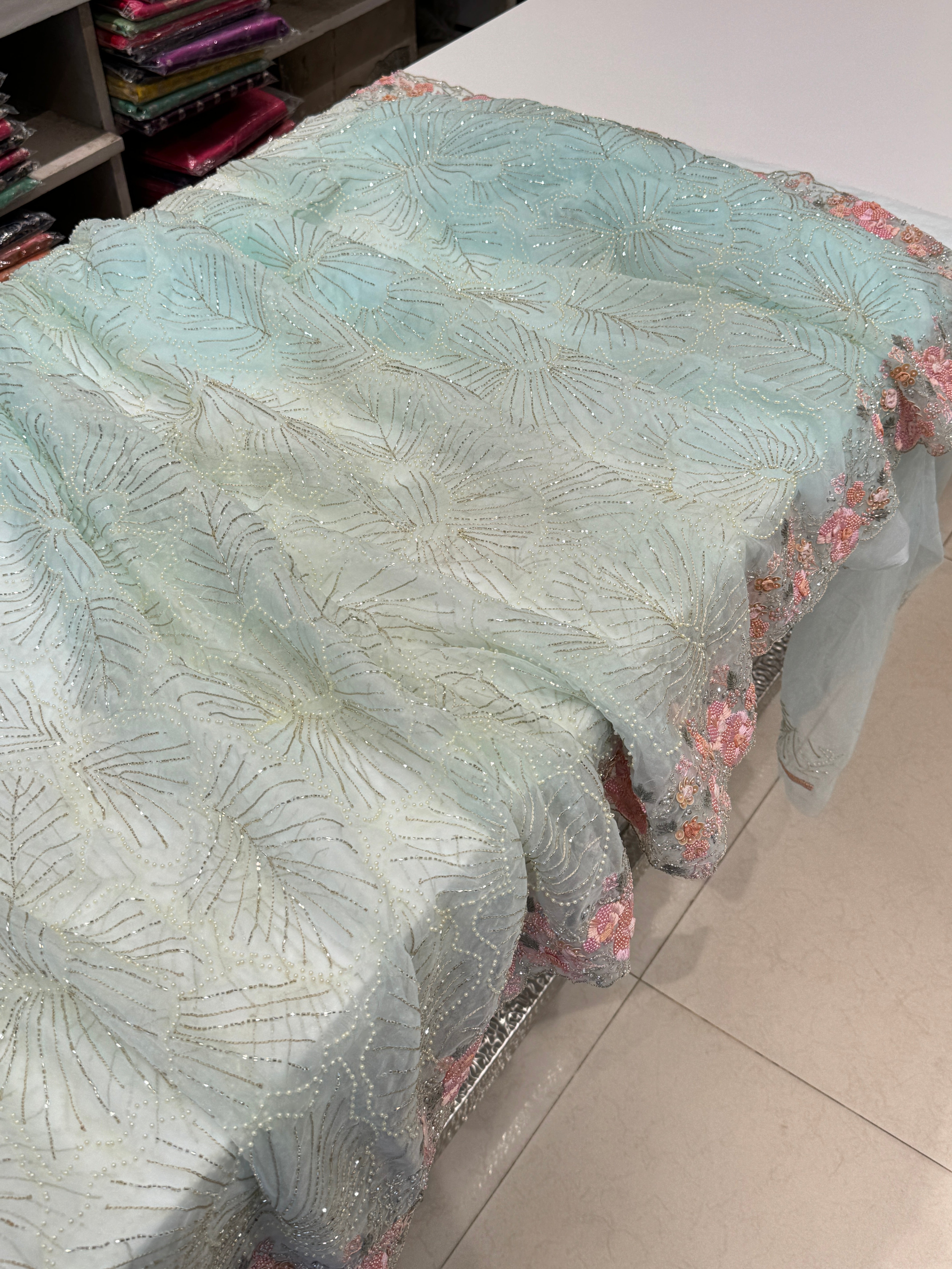 Blue Organza French Knot Embroidery Saree