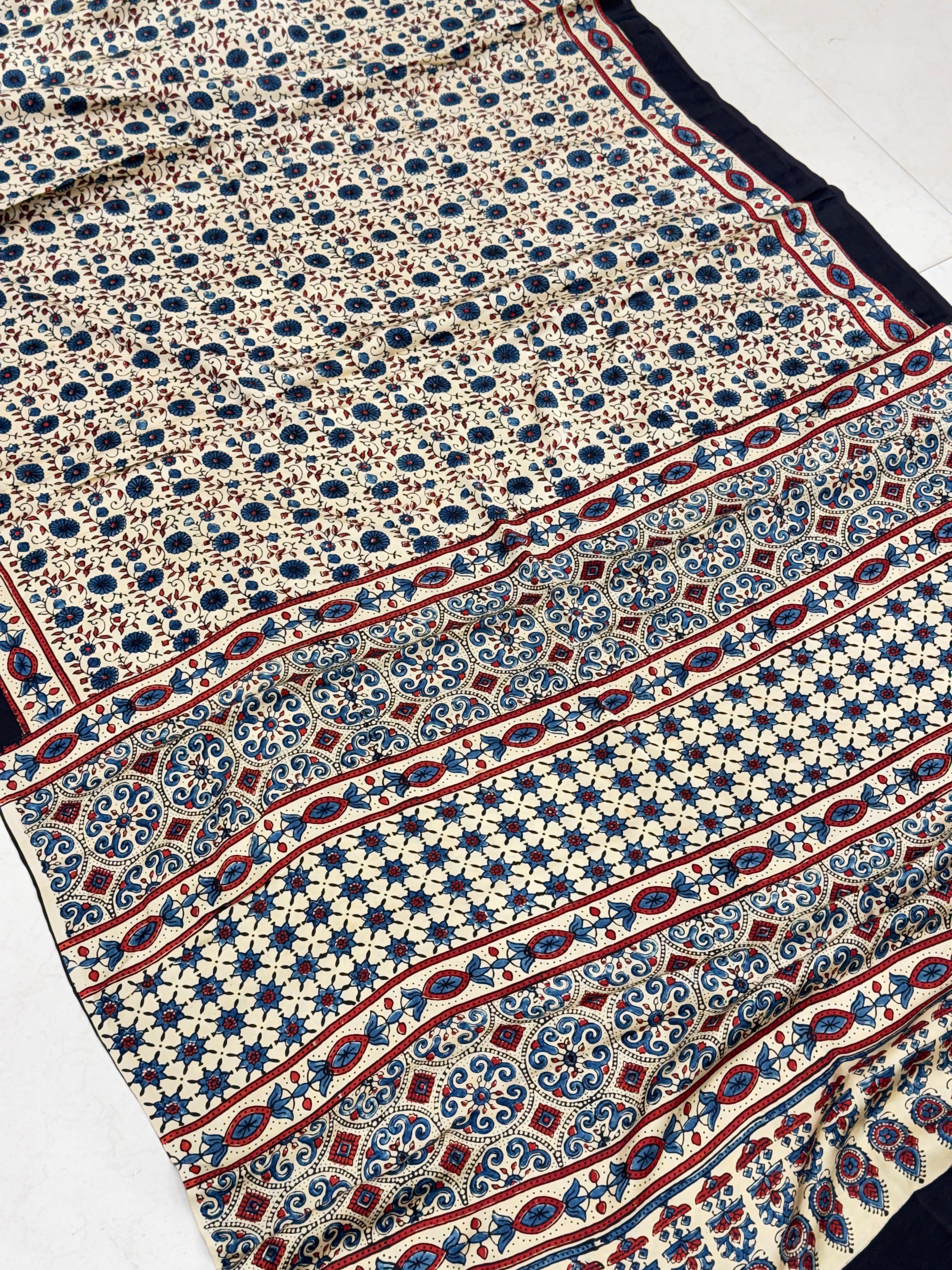 White Floral Jaal Hand Block Print Ajrkah Pure Gajji Silk Saree