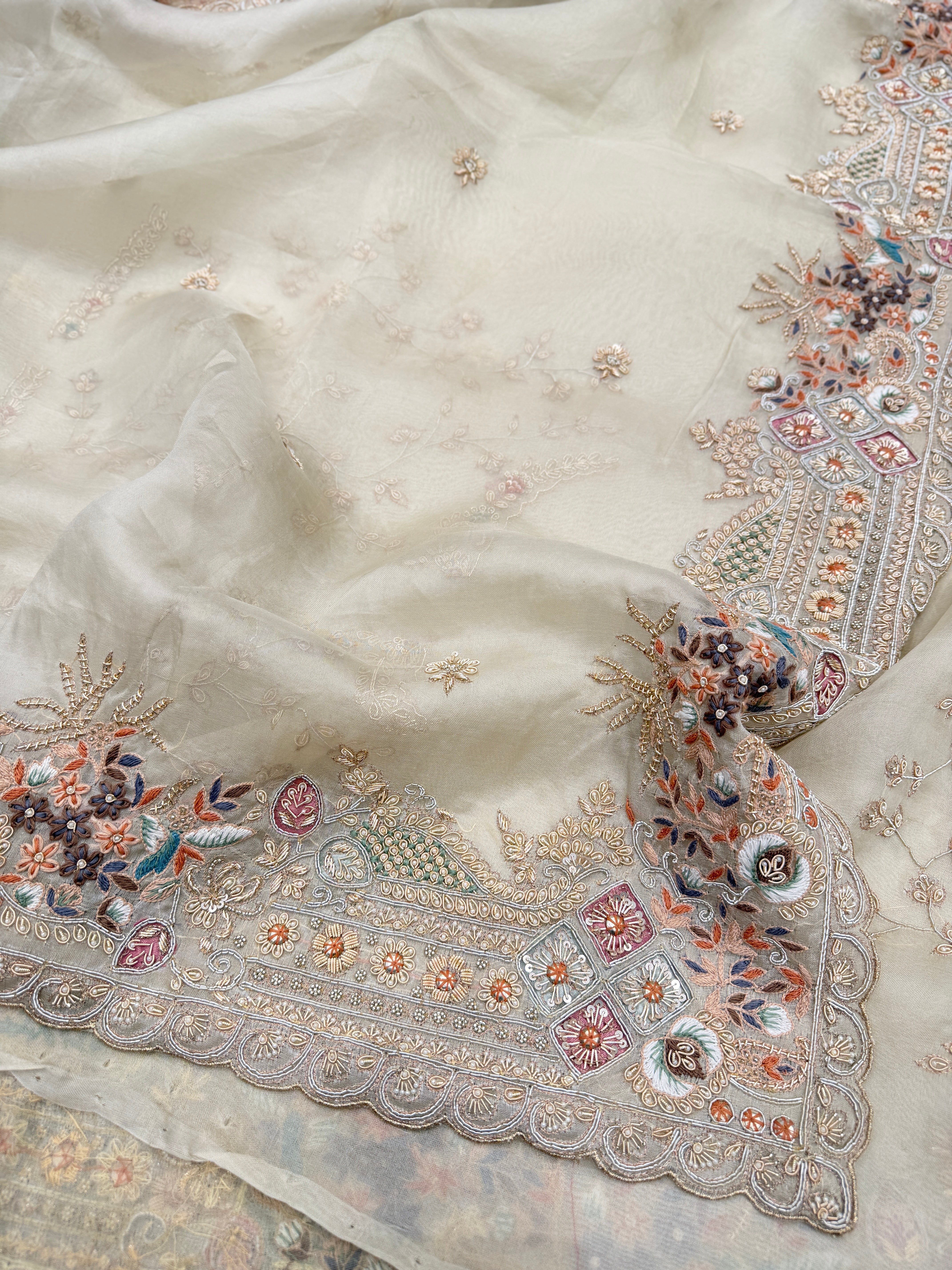 Moti White Organza Border Zardosi Resham Hand Embroidery Saree