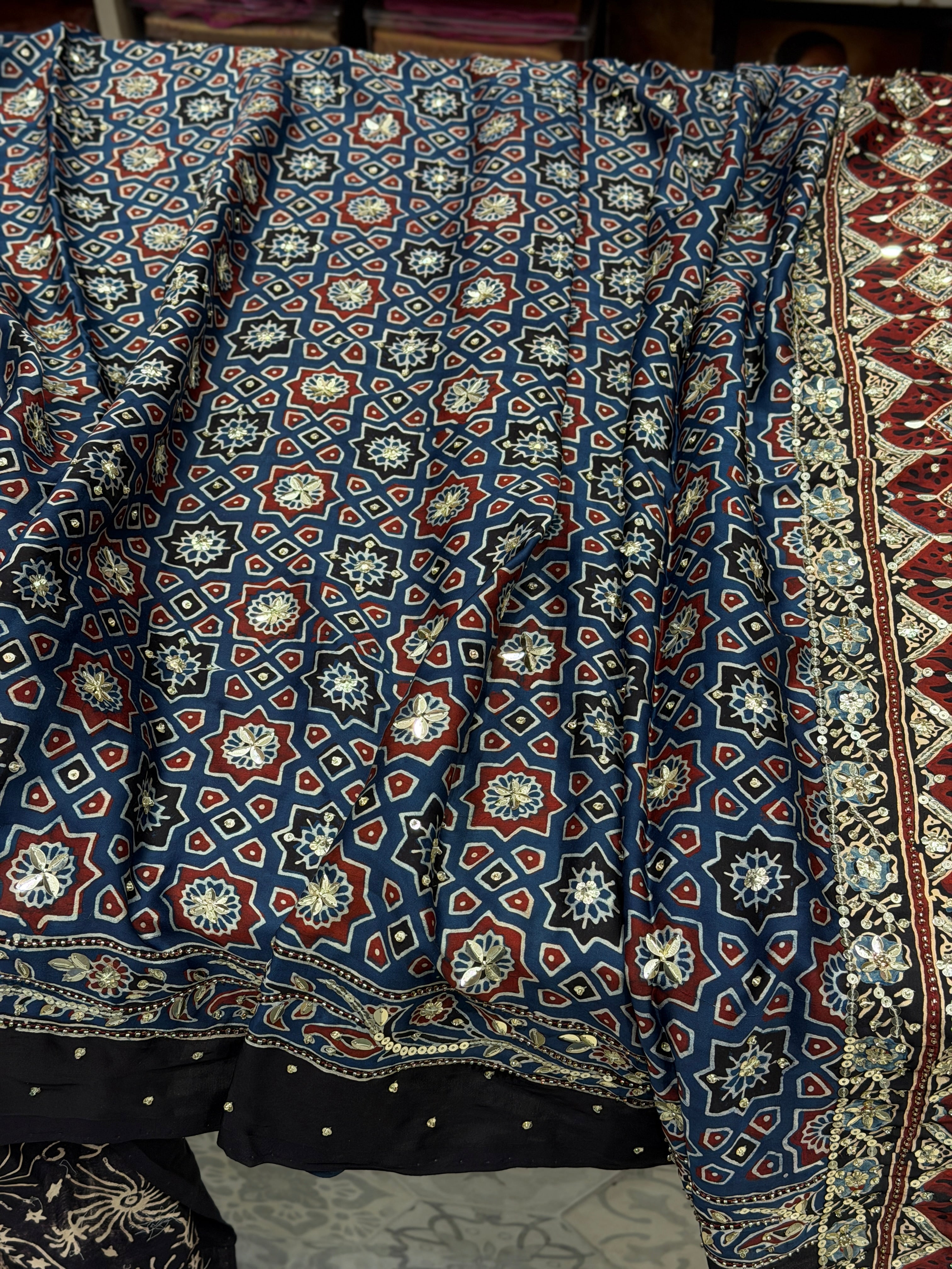 Blue Four Square Moti Sequin Ajrakh Hand Embroidery Saree