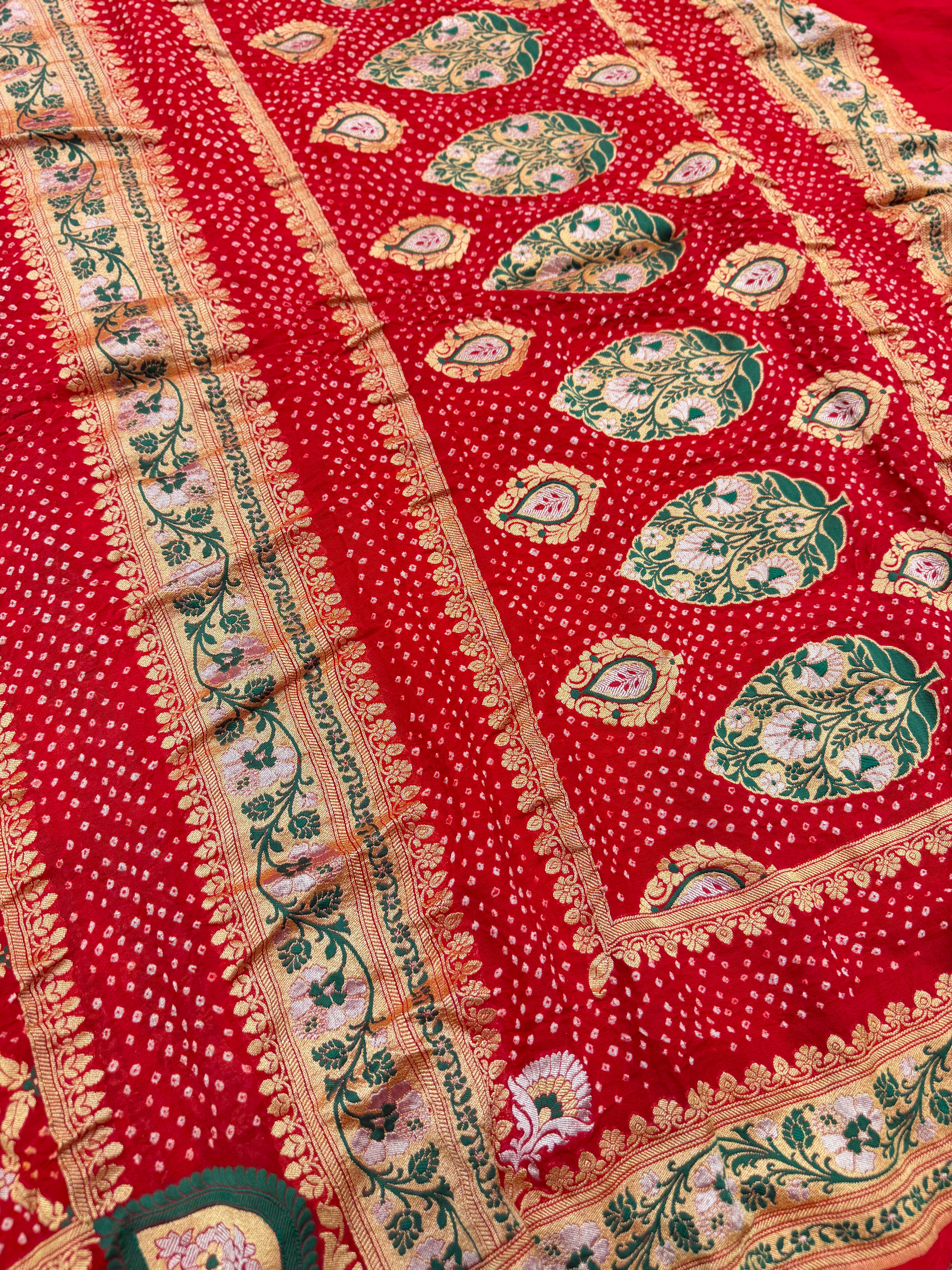 Red Sona Roopa Meenakari Rai Bandhej Saree