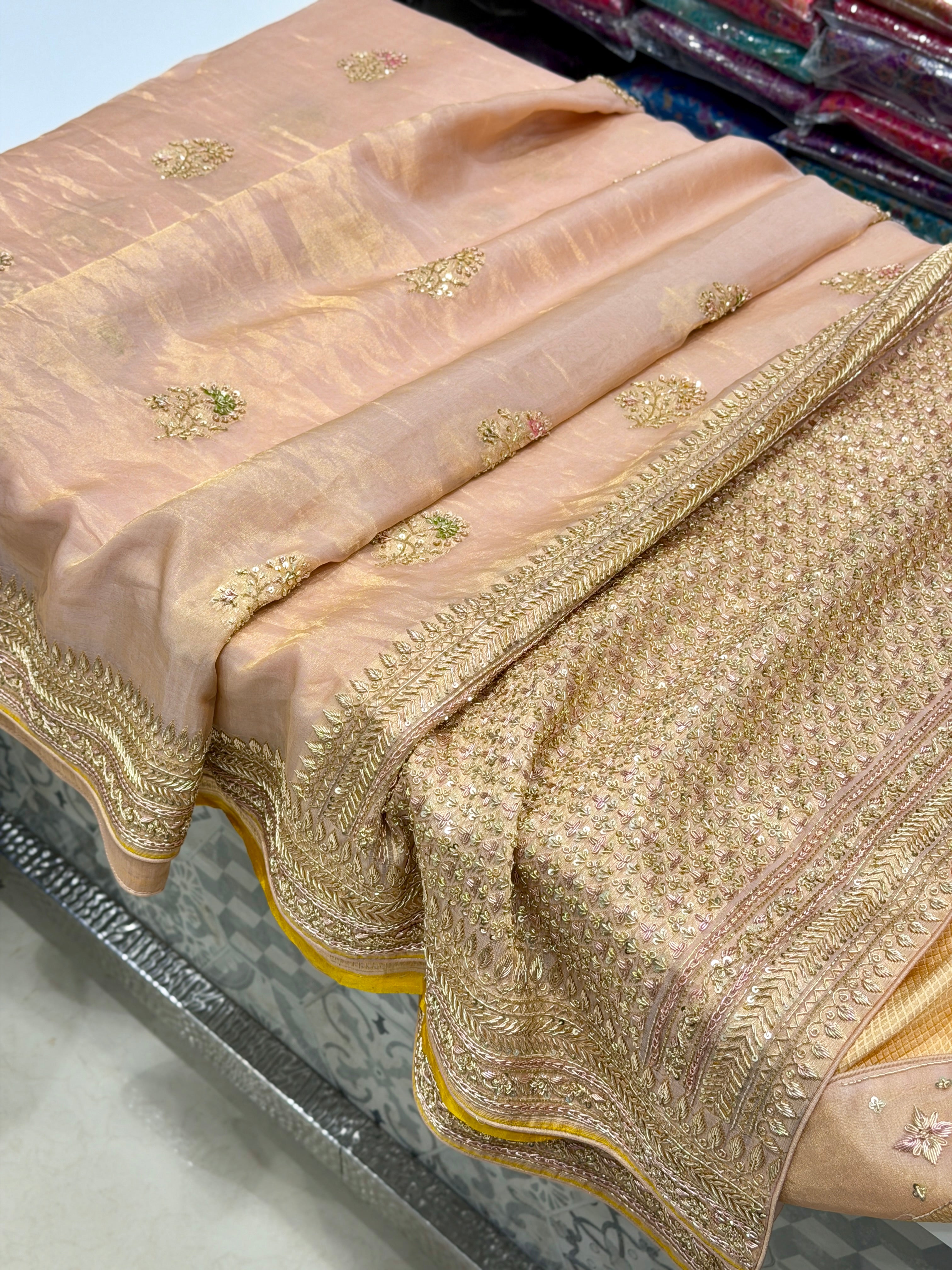 Pink Banarasi Tissue Handloom Kadwa Weave Zardosi Embroidery Saree