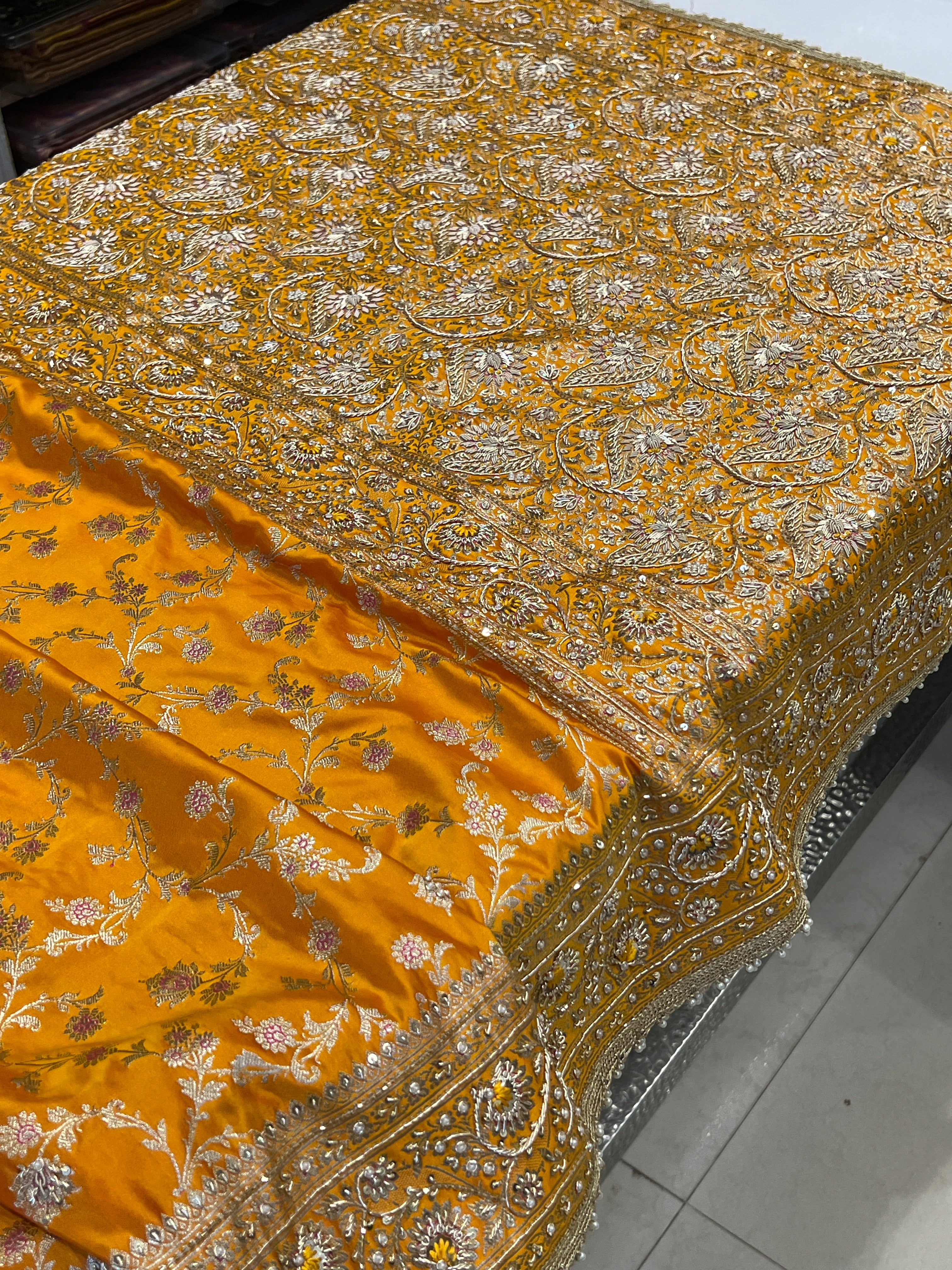 Mango Yellow Banarasi Upside Down Resham Zardosi Hand Embroidery