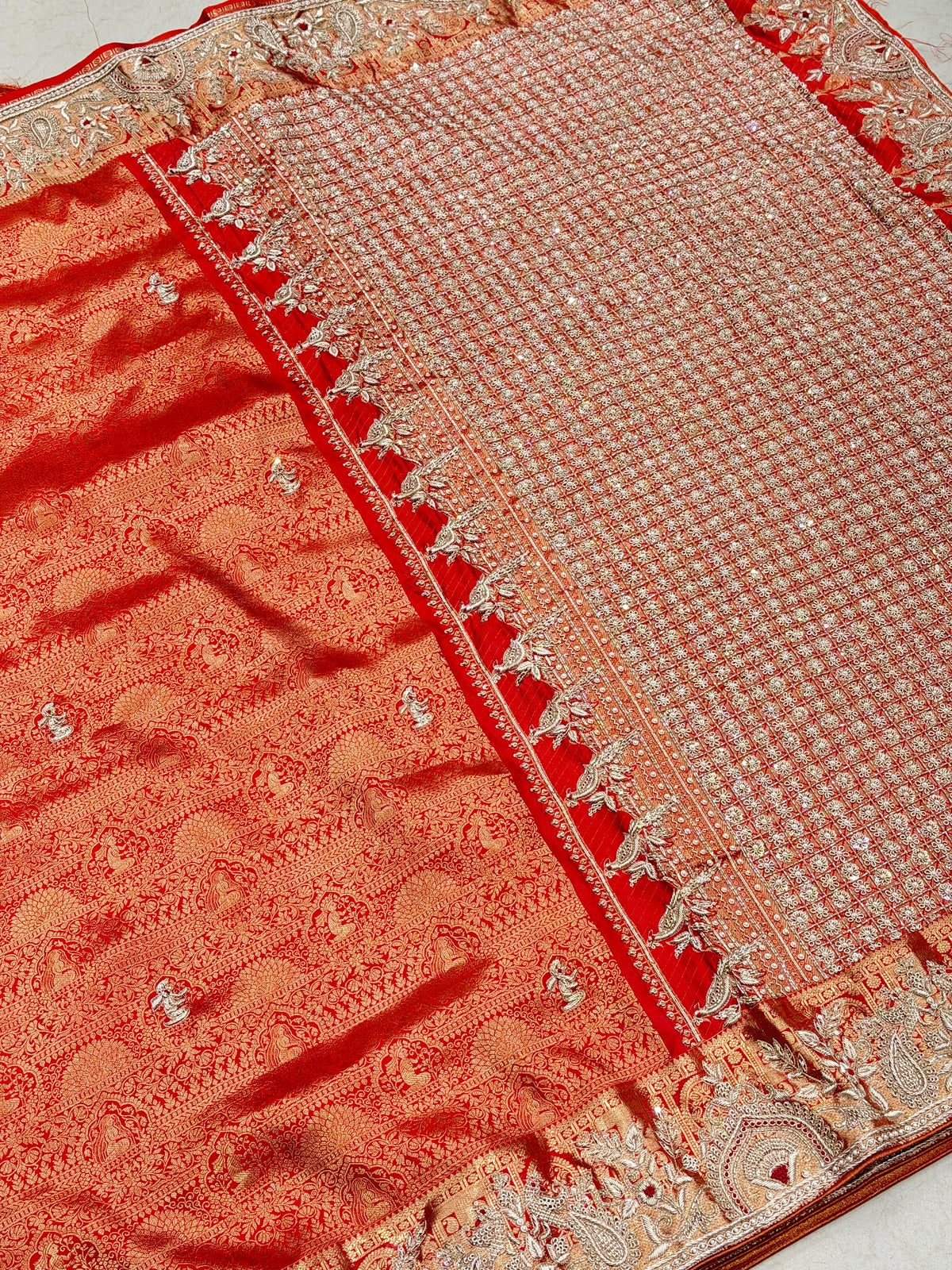 Red Kanjivaram Peacock Motif Hand Embroidery Zardosi Saree
