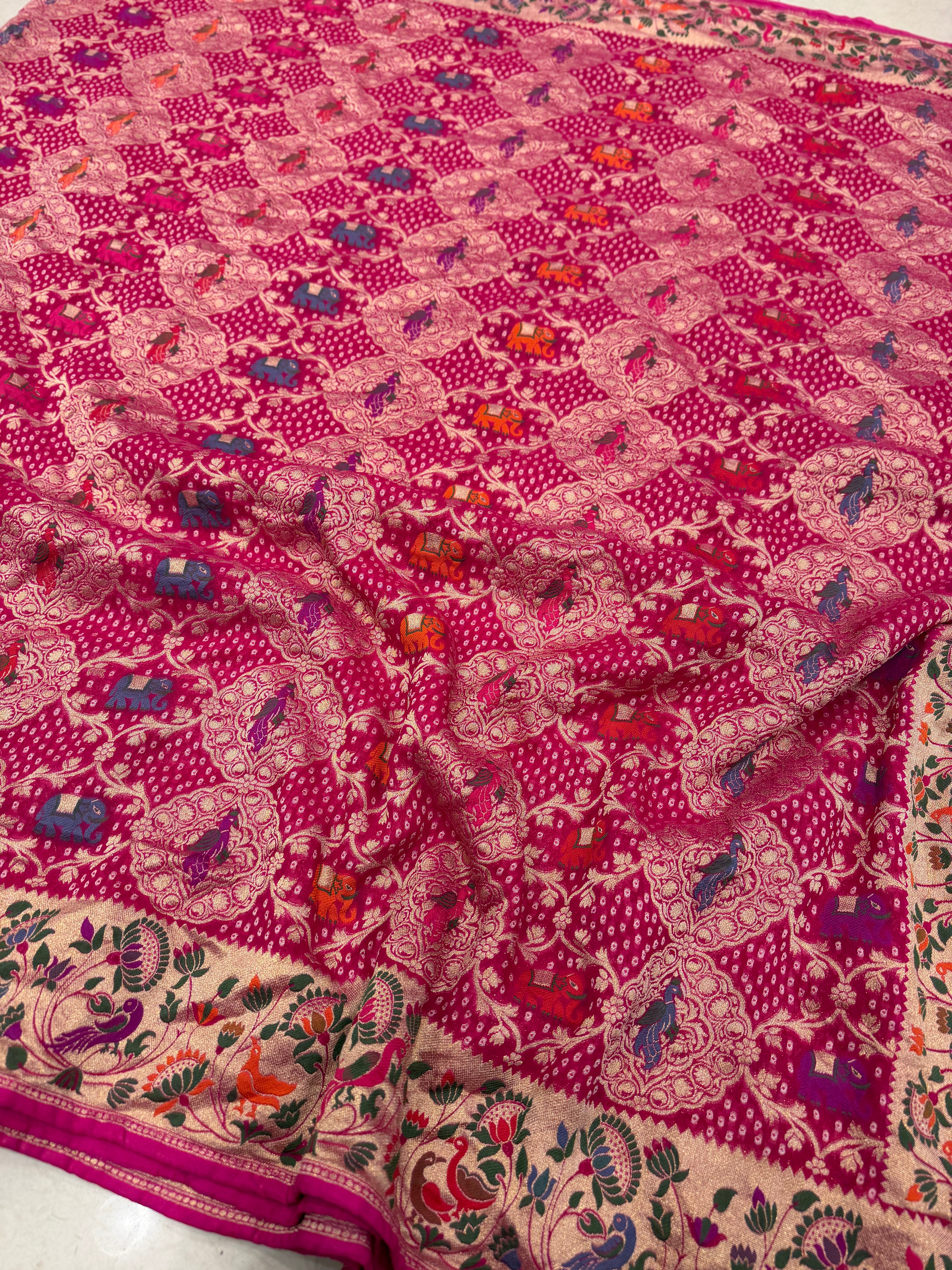 Rani Woven Bandhej Meenakari Peacock Parrot Motif Saree