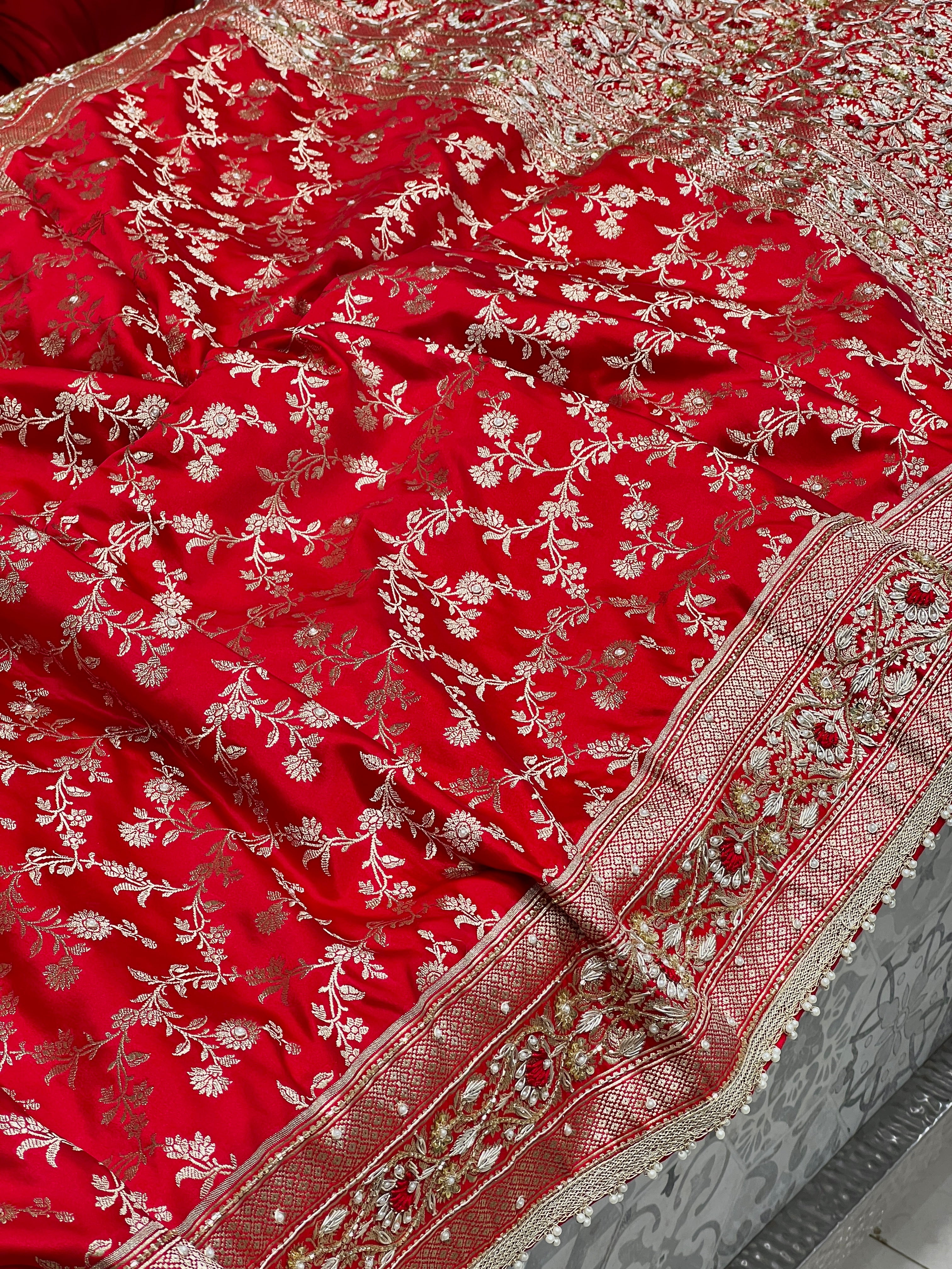 Red Banarasi Zardosi Resham Hand Embroidery Saree