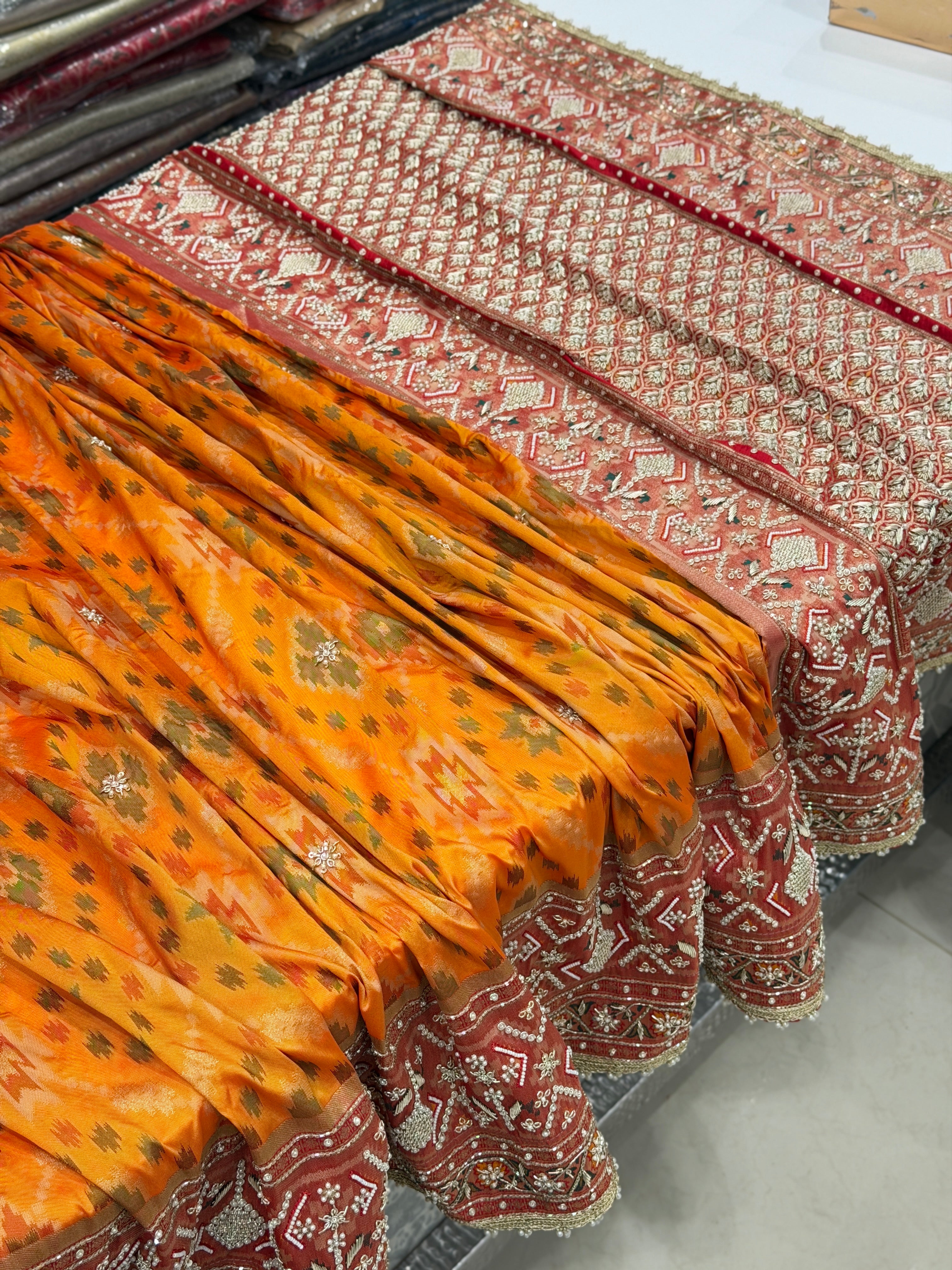 Orange Banarasi Patola Zardosi Hand Embroidery Moti Work Saree