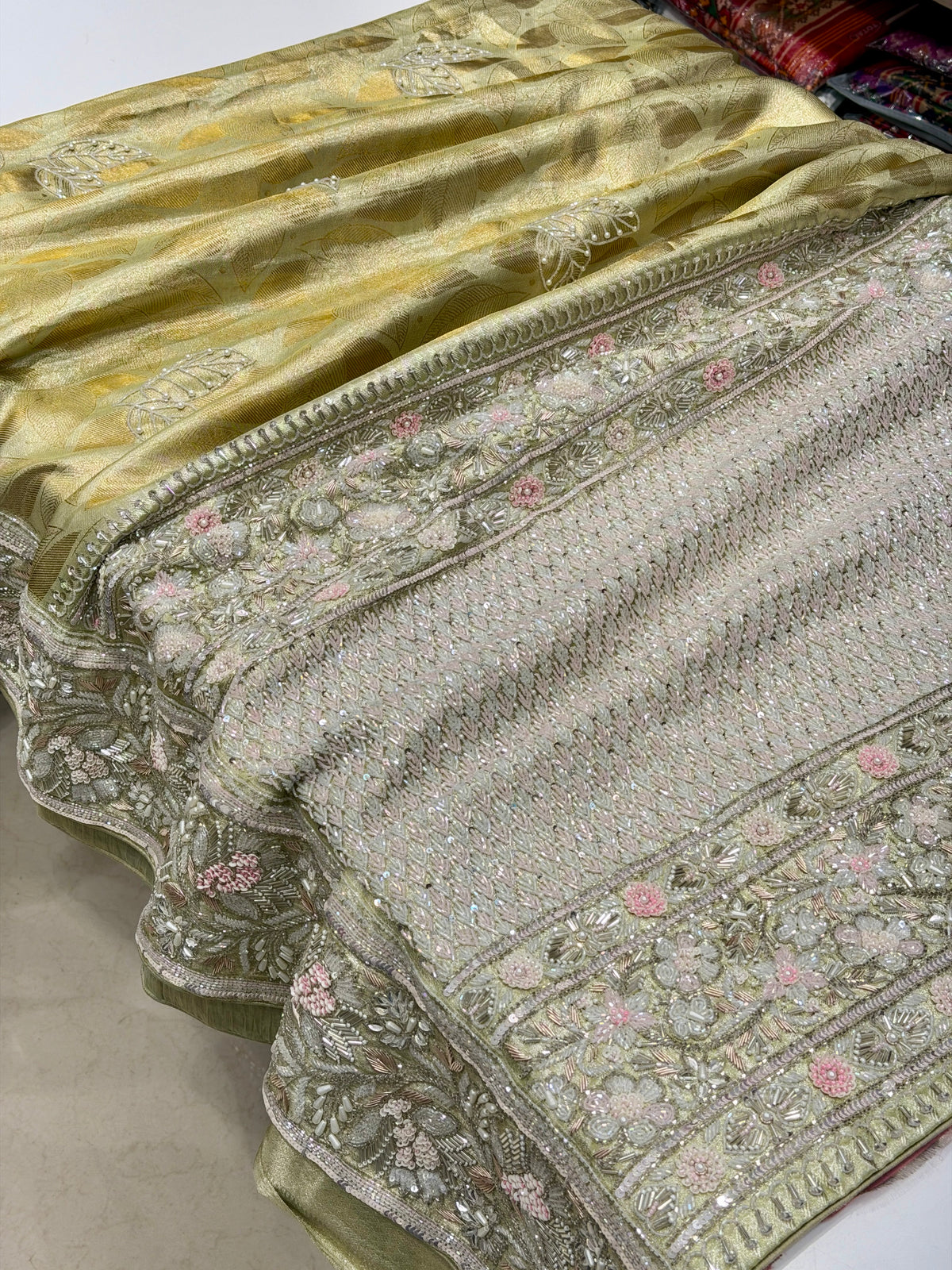 Pista Green Silver Kanjivaram Three Zari Hand Embroidery Zardosi Moti Sequin Saree