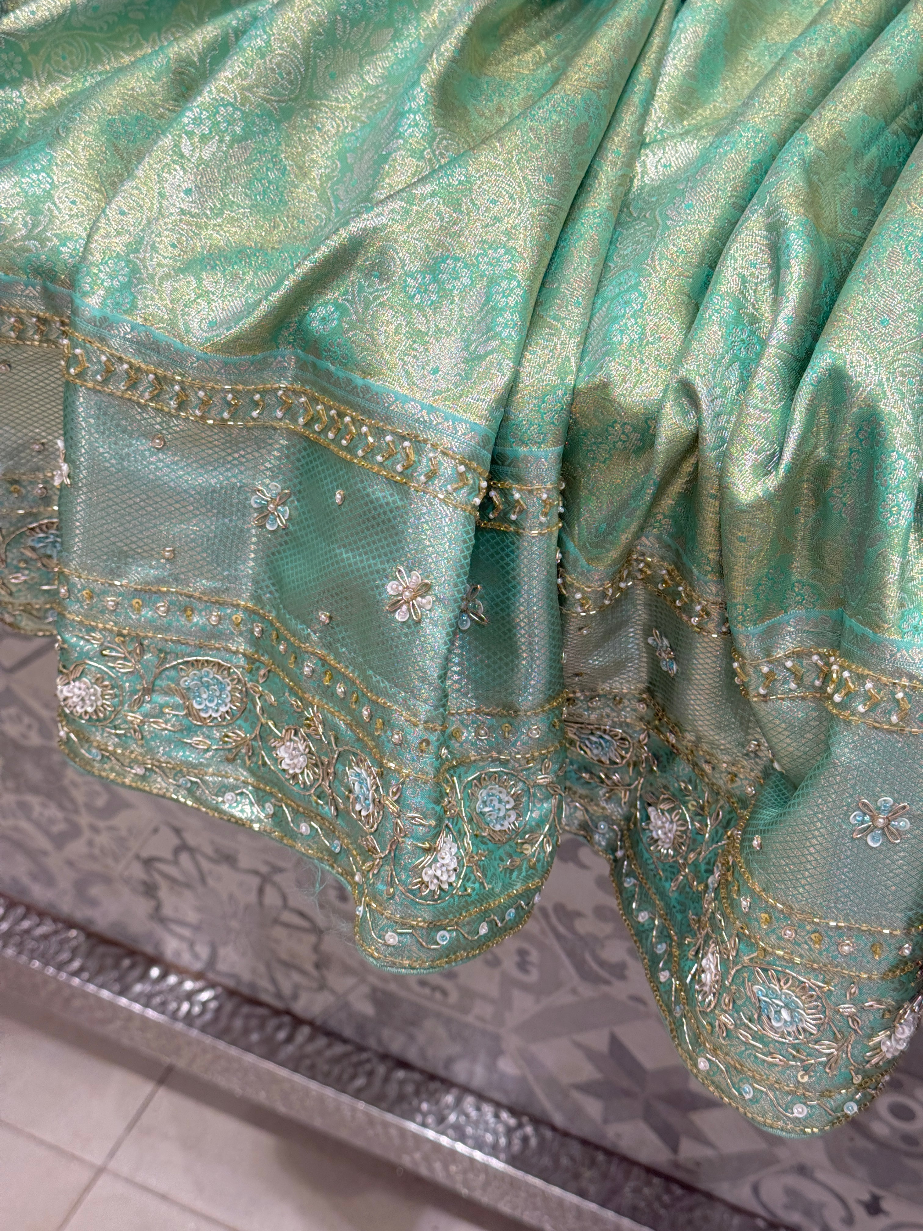 Pista Green Tissue Kanjivaram Hand Embroidery Saree