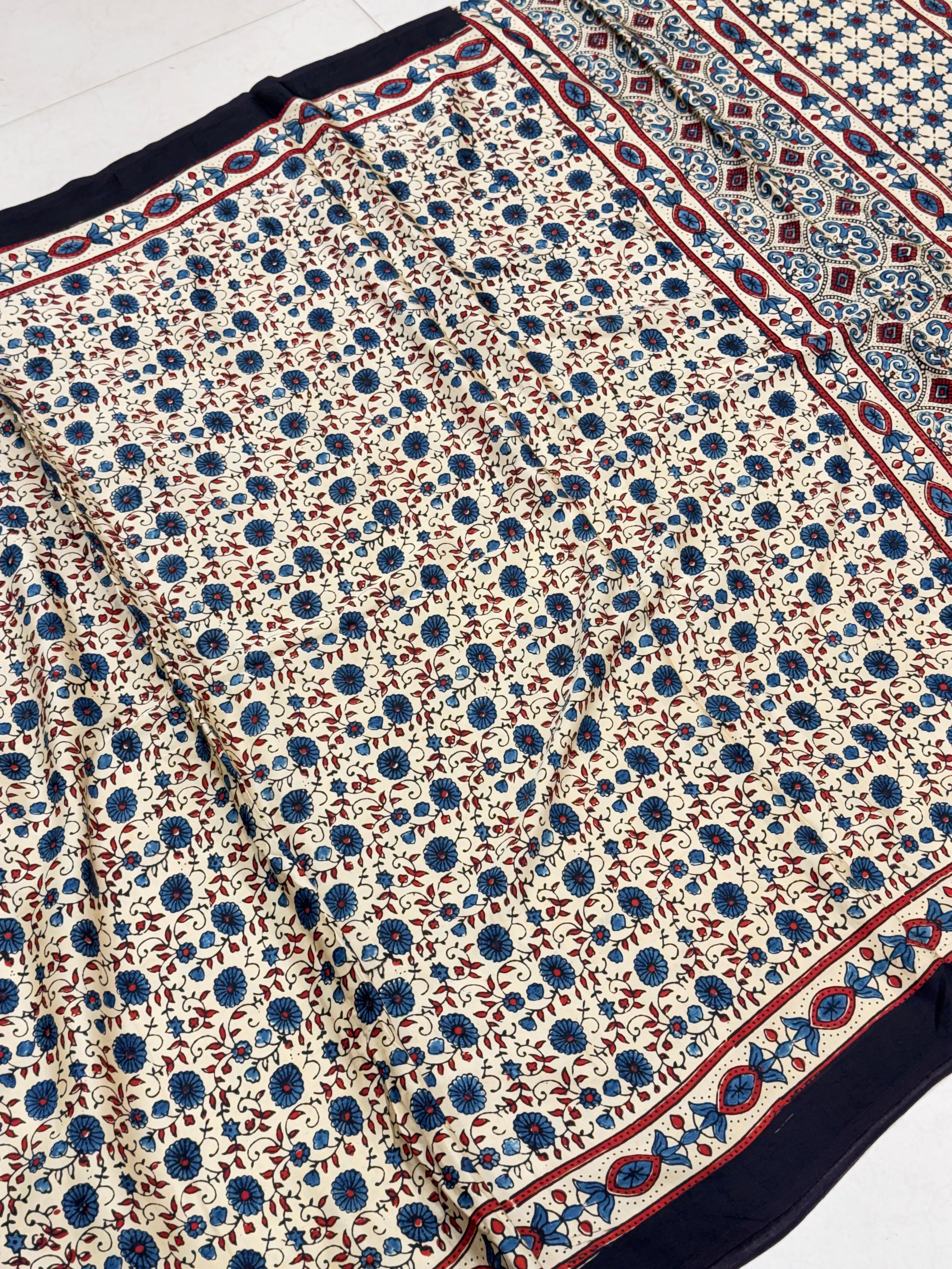 White Floral Jaal Hand Block Print Ajrkah Pure Gajji Silk Saree