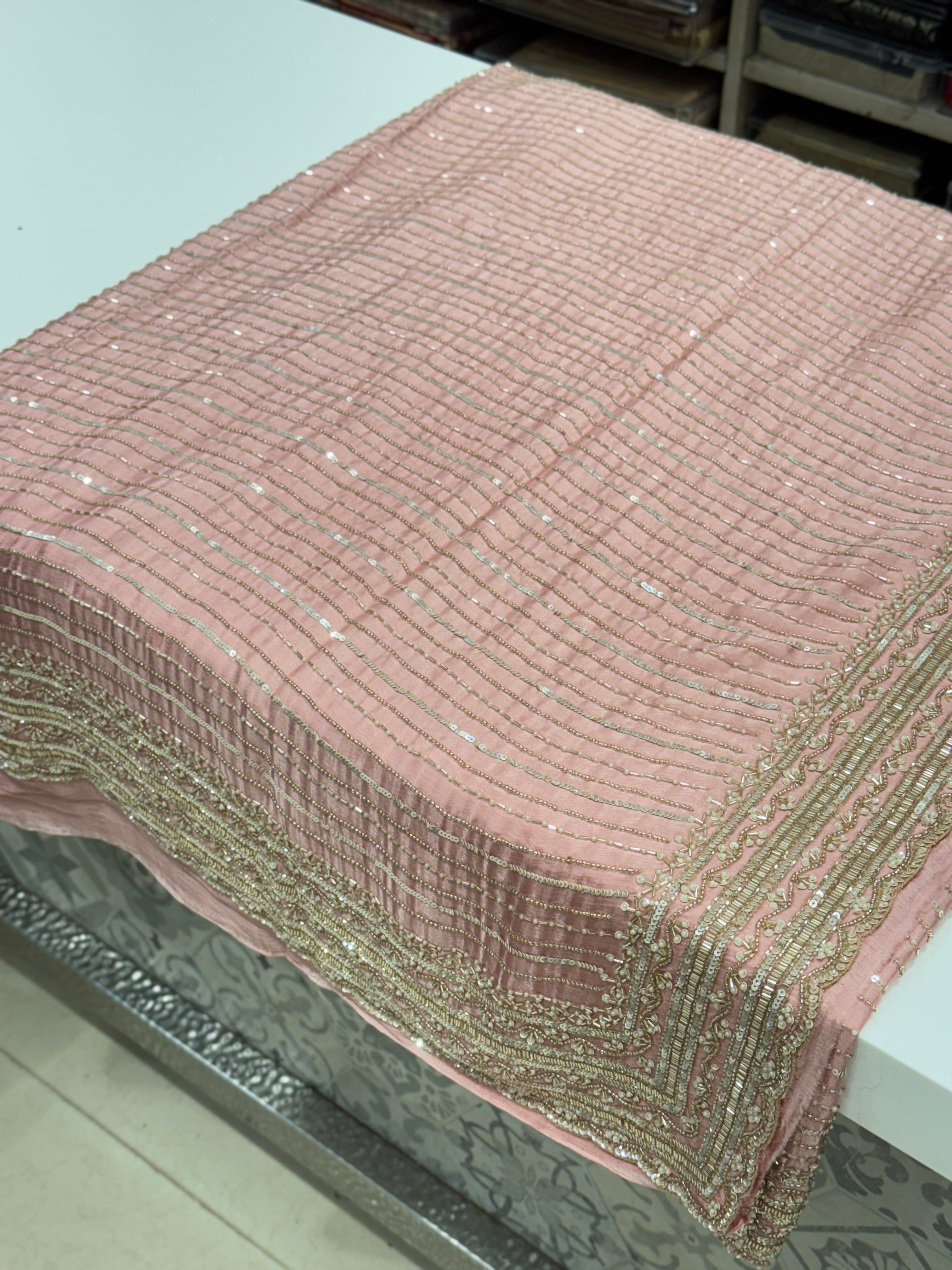 Light Pink Satin Moti Hand Embroidery Saree