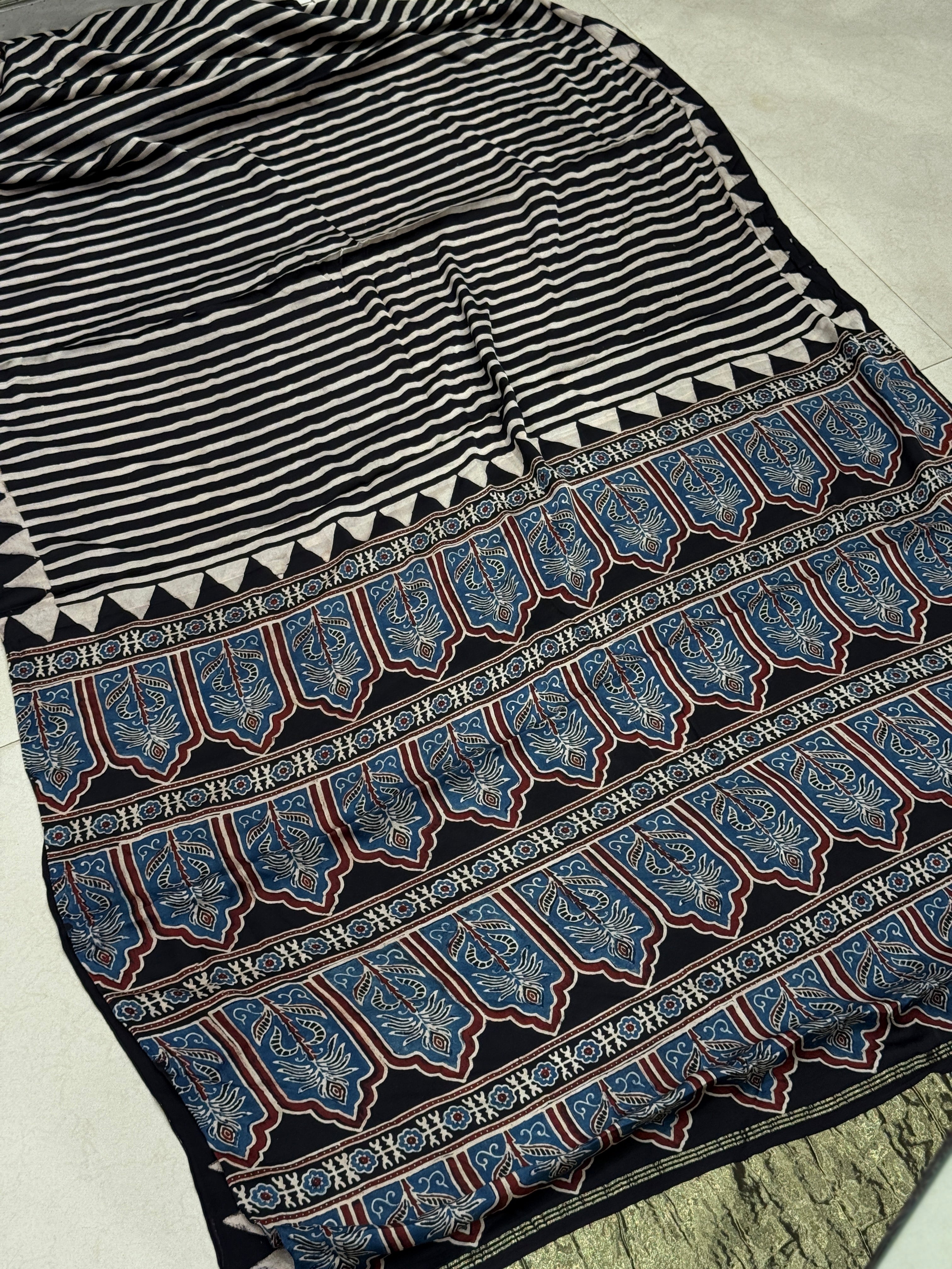 Black n White Lagdi Pata Ajrakh Hand Block Print Pure Gajji Silk Saree